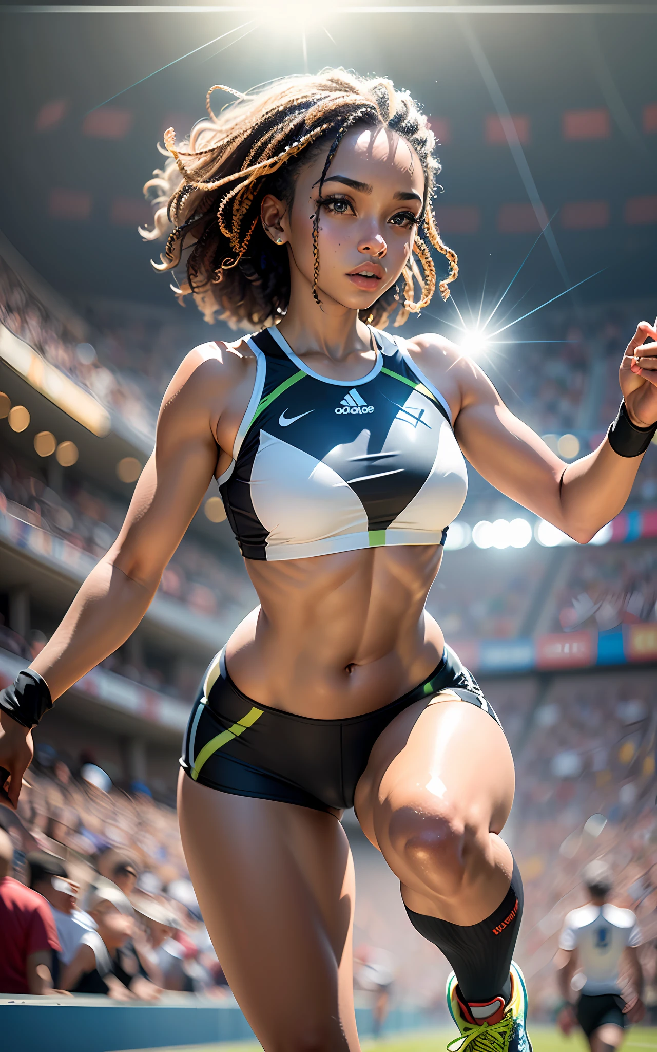 (award winning 64k concept art:1.2) of (black young woman:1.2) in sportswear at the stadium, sweet, sprinting, front, epic, god rays, centered, upper body, (masterpiece:1.2), (best quality:1.3), Amazing, highly detailed, beautiful, finely detailed, warm soft color grading, (Depth of field:1.4), extremely detailed 64k, fine art, stunning, iridescent, (shiny:1.4), (light reflections:1.3), (crisp:1.6), silver short curls, spring, vibrant, sunlit, (edge detection:1.4), absurdres, impressive, 120mm, glittering, extremely clear, lens flare, spotlight