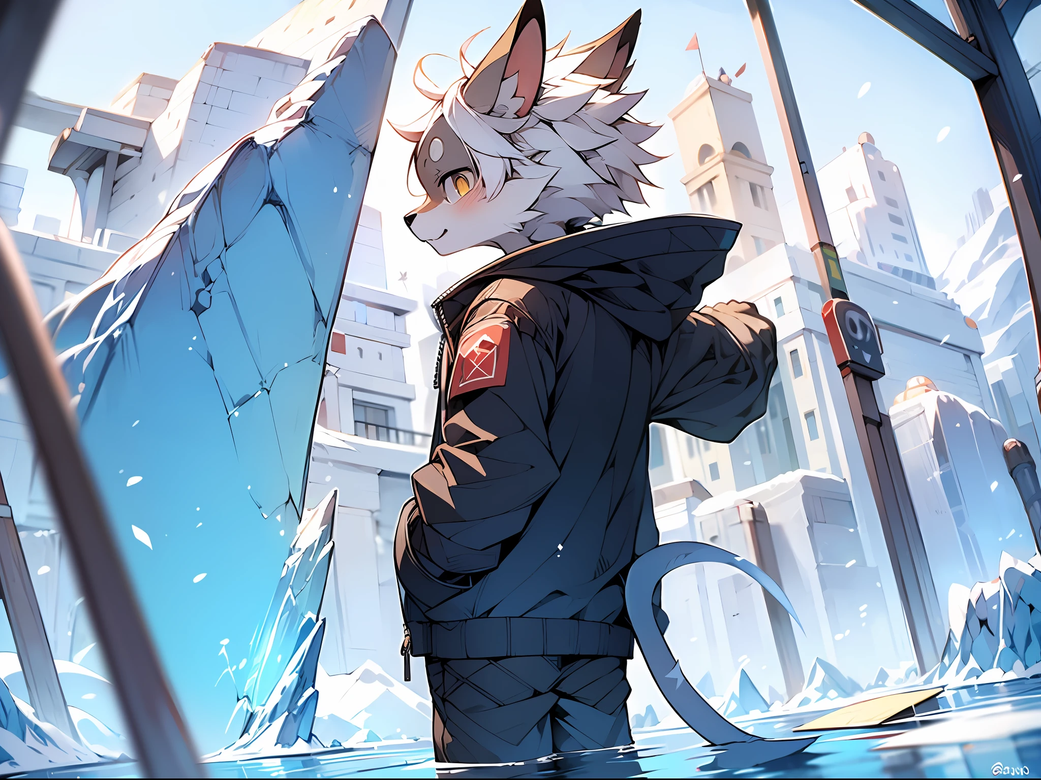 (by dagasi: 1.1), BREAK, Masterpiece, High Resolution, 8k, Detailed Background, High Quality, BREAK, BREAK, ((light blue fur, white hair, black sclera, yellow eyes, fluffy, detailed fur)) fur, break, male, humanoid, ((down jacket, iceberg, ice age, ice age, lonely walk alone, (back), vista, villain, snow, solo)))
