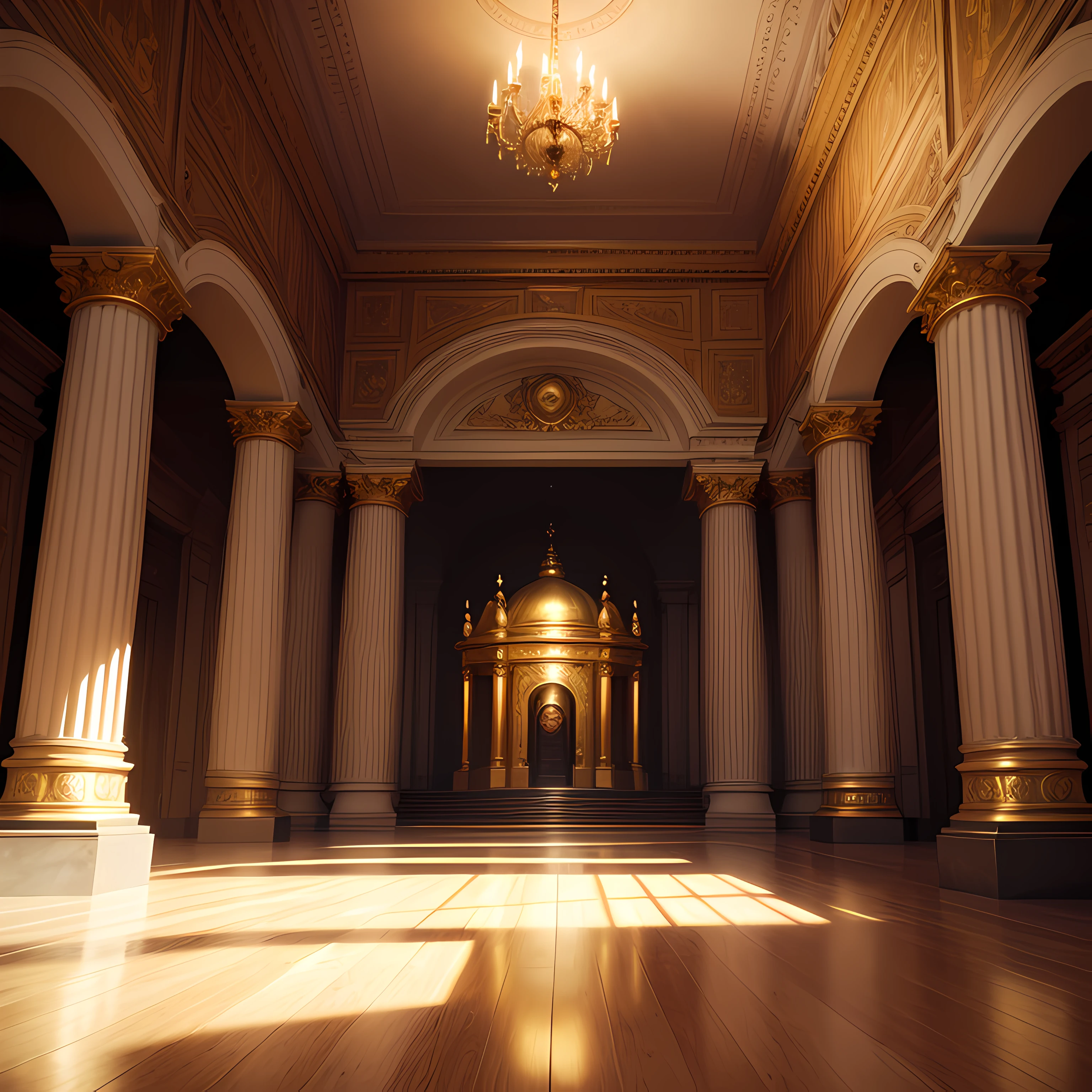 Image of a golden hall of medieval times, image of a golden hall of medieval time, well detailed, details on the wall, details on the ceiling, details of the floor, extremely golden and shiny, inside it is a Golden Helmet, Gladiator Helmet, --auto