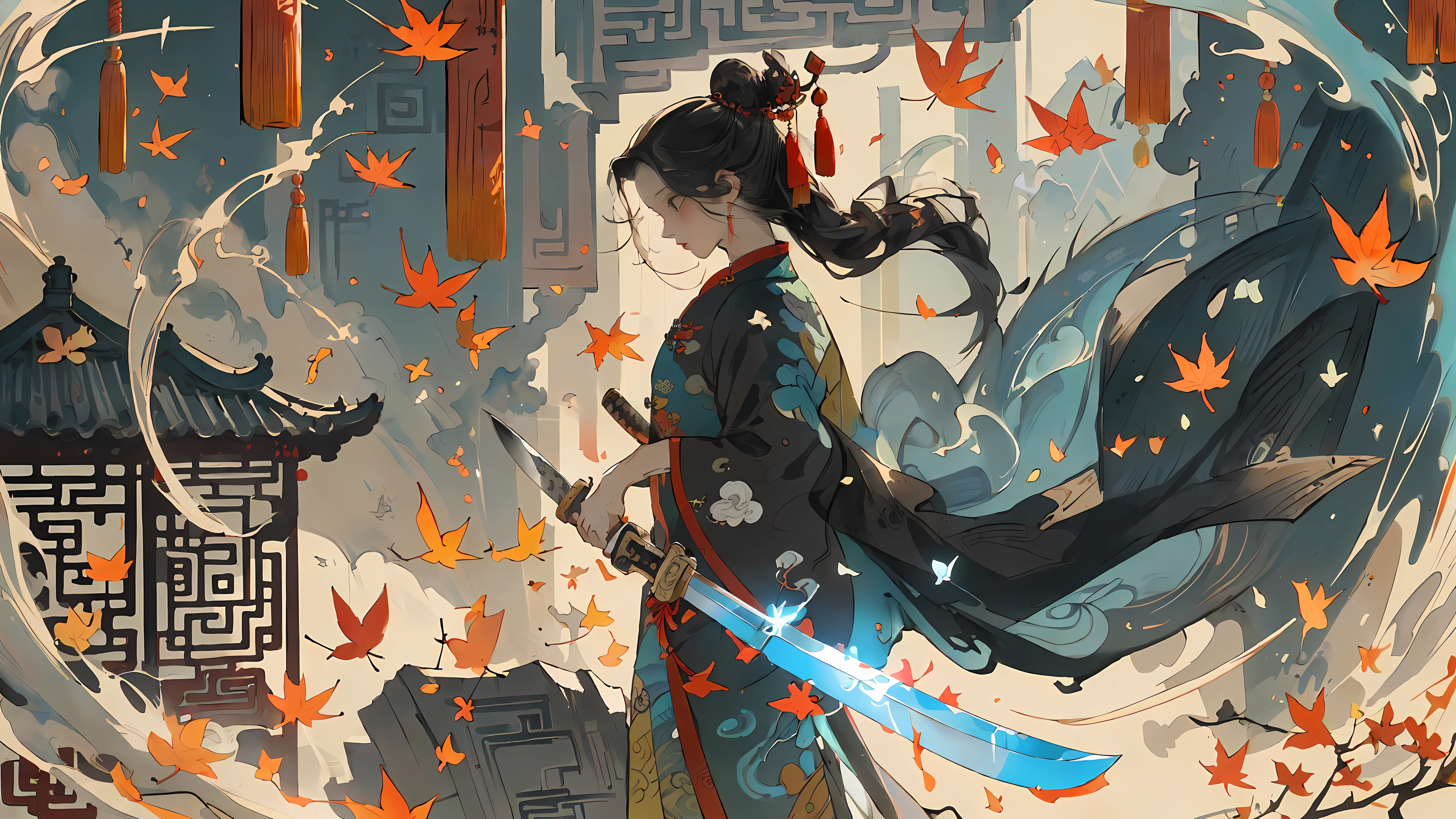 (best quality), two-dimensional, animated comic style, Chinese style, a girl, cheongsam, maple leaf, a tang knife, electric light, falling leaves, flying, upper body, sky, oriental detailed background, clouds, landscape, pond, mountains and rivers, Chinese style, clouds, Chinese style texture, elegant, painted, ((Chinese color ink)), (Chinese color ink painting style))), ((((masterpiece))), ((((bestquality))), ((super detailed, Very precise and detailed)), (Gone with the wind), (Illustration), (Amazing), (Ridiculous), ((Sharp Focus)), ((Very Fine)), ((High Saturation)), (Splashing of colored ink around), ((Colorful)), Light color, Reach out,