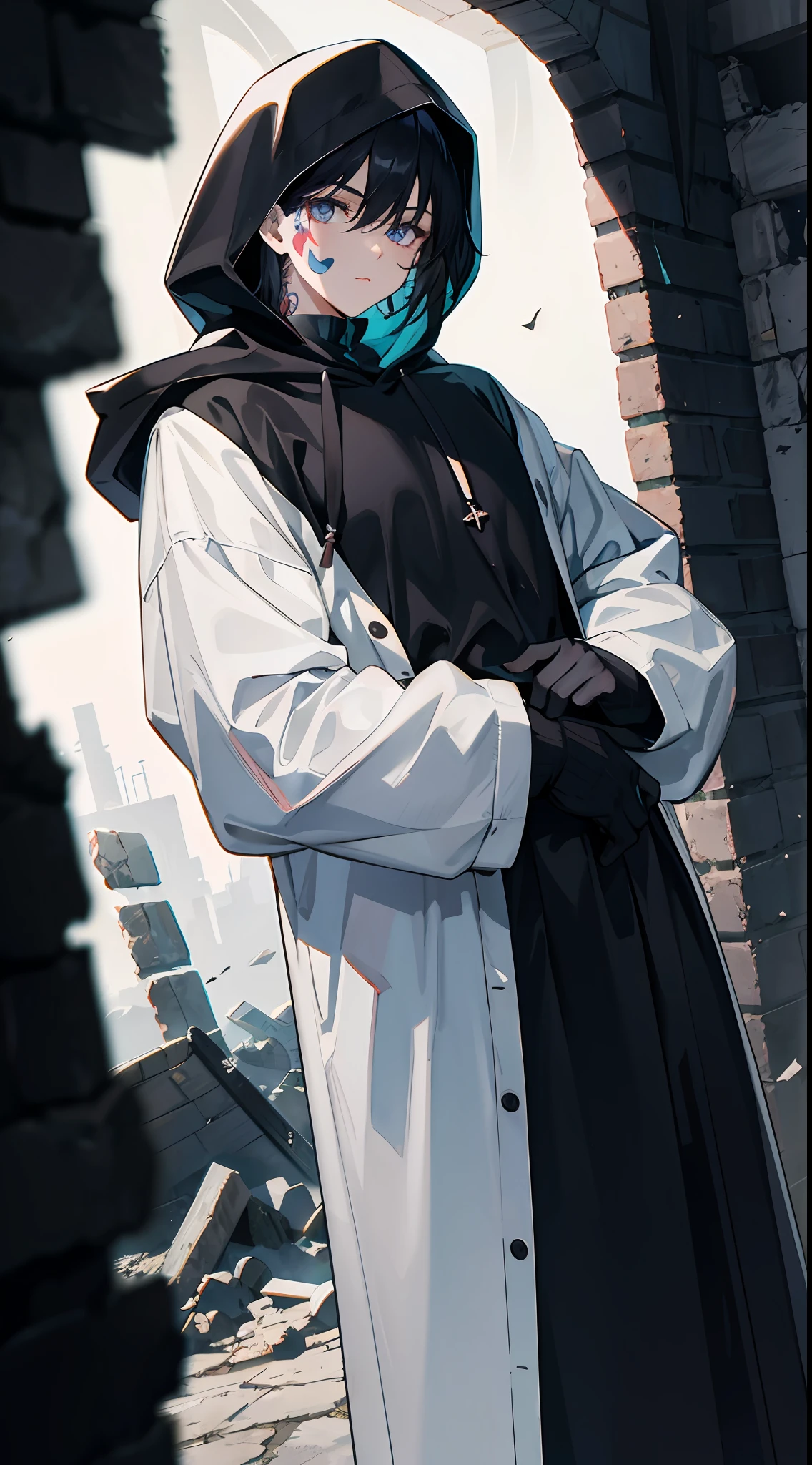Within the ruin of darkness, a man with dark black hair, wearing a hood, had a black seal-like tattoo on his cheek