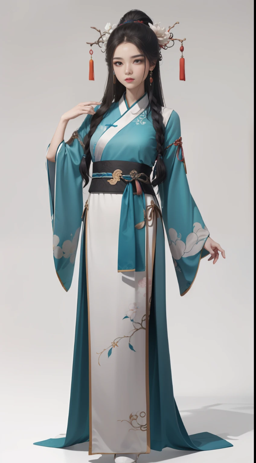 Realism, (Masterpiece, Top Quality, Best Quality), ((Wuxia World, Xiuxian, Chinese Wuxia,)), (1 Girl Solo), (Full Body), (Gentle Eyes), (Ancient Chinese Clothes, Cyan Robe, Embroidered Collar Uesugi, White Big Sleeve Shirt, Streamers), (Hairpin, Long Black Hair), (Hanfu), Light Pink Lips, (Young), Earrings, White Skin, (Clear Facial Features, Detailed Skin Texture, Beautiful Face, Facial Highlight, Waist Up), White Background, Standing, Slim Figure, 8k uhd, DSLR, soft light, high quality, high resolution, (very detailed CG unity 8k wallpaper)