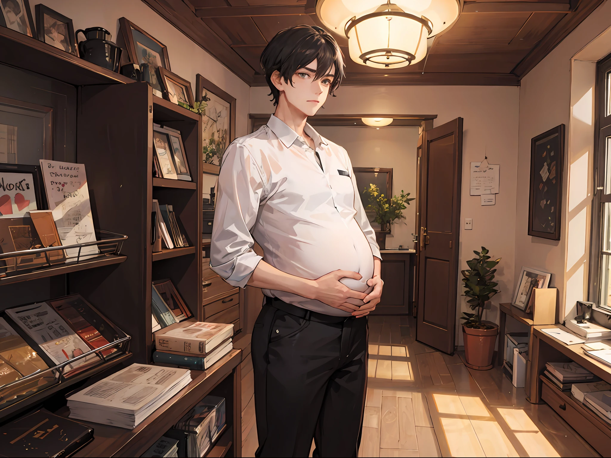 A man with short hair is pregnant, solo