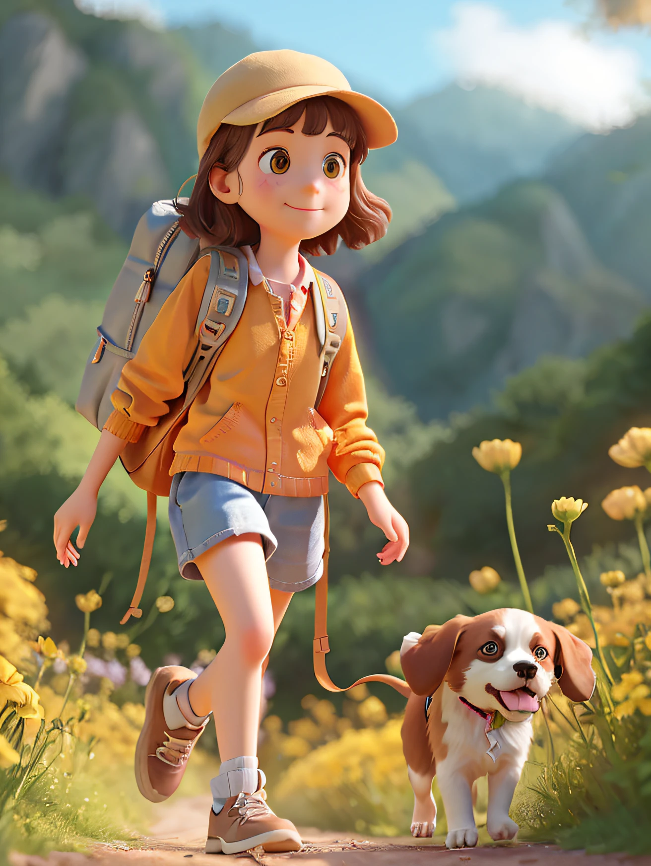 A very charming with a backpack and her cute border collie puppy enjoying a lovely spring outing surrounded by beautiful yellow flowers and nature. The illustration is a high-definition illustration in 4K resolution with highly detailed facial features and cartoon-style visuals.