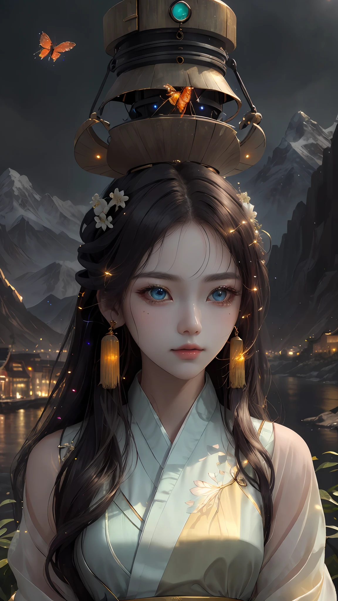 best quality, masterpiece, highres,
1girl, Detailed face, (Upper body:1.6), Cyber cities, mountains and rivers, night, firefly lights, Realistic, rich in detail, (White hanfu:1.2), (beautiful body:1.4),