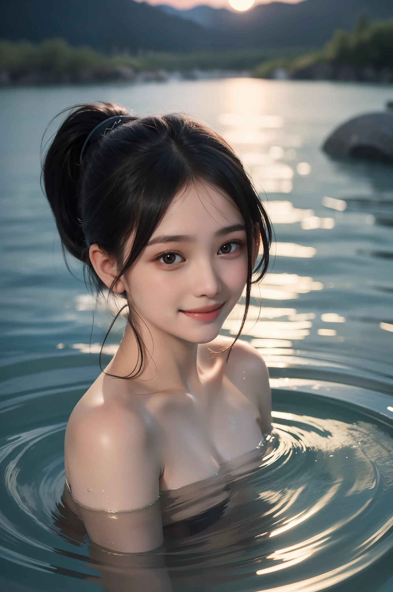 Top quality, masterpiece, cinematic lighting, girl, black hair, dark eyes, night, covering the body with a small towel, ponytail, hot water smoke, smile, hot spring, floating on the surface of the water, there are about 3 people in the back