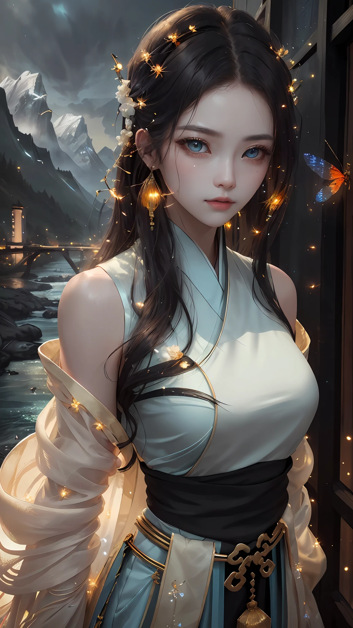 best quality, masterpiece, highres,
1girl, Detailed face, (Upper body:1.6), Cyber cities, mountains and rivers, night, firefly lights, Realistic, rich in detail, (White hanfu:1.2), (beautiful body:1.4),