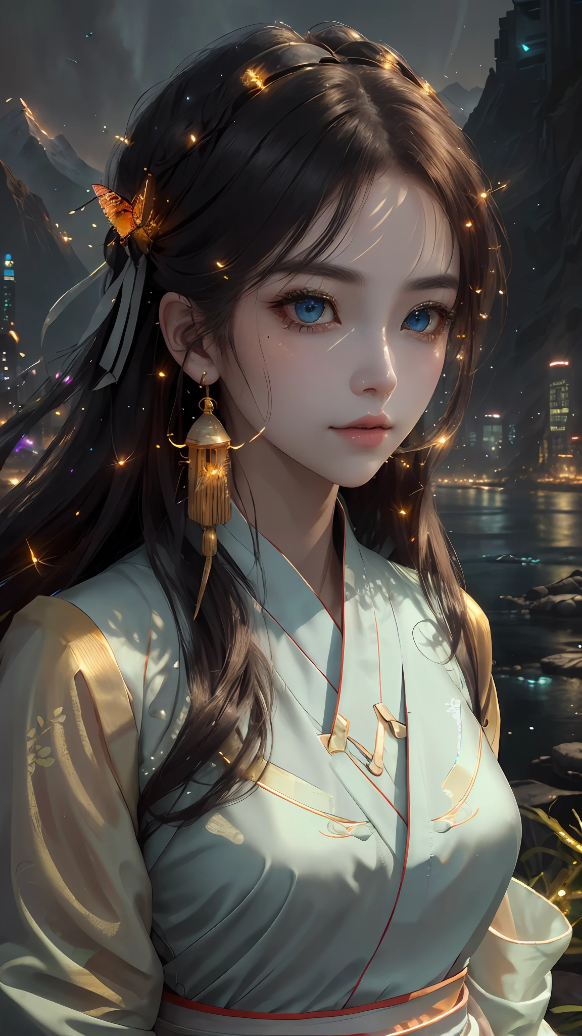 best quality, masterpiece, highres,
1girl, Detailed face, (Upper body:1.6), Cyber cities, mountains and rivers, night, firefly lights, Realistic, rich in detail, (White hanfu:1.2), (beautiful body:1.4),