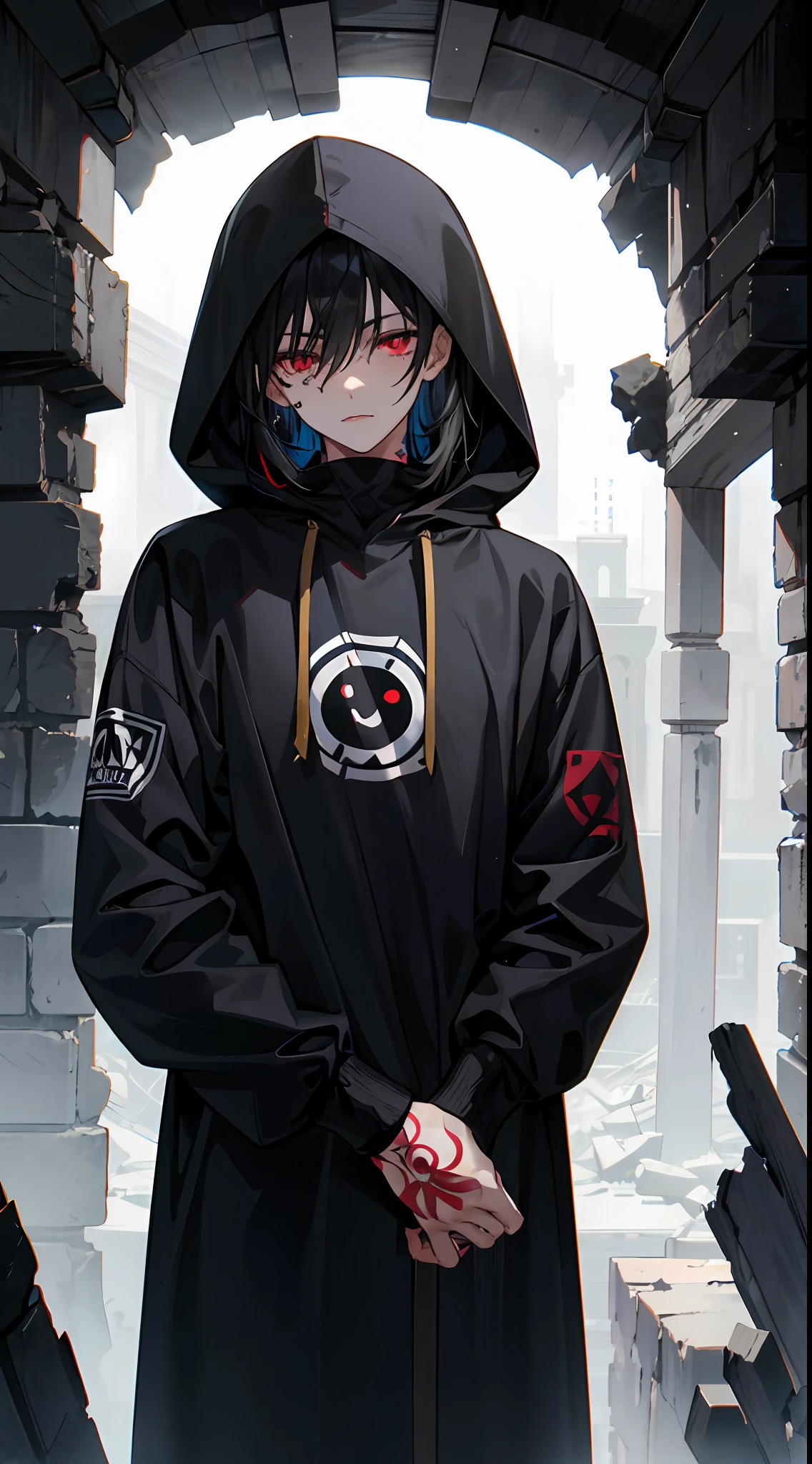 Within the ruin of darkness, a man with dark black hair and red eyes, wearing a hood, had a black seal-like tattoo on his cheek