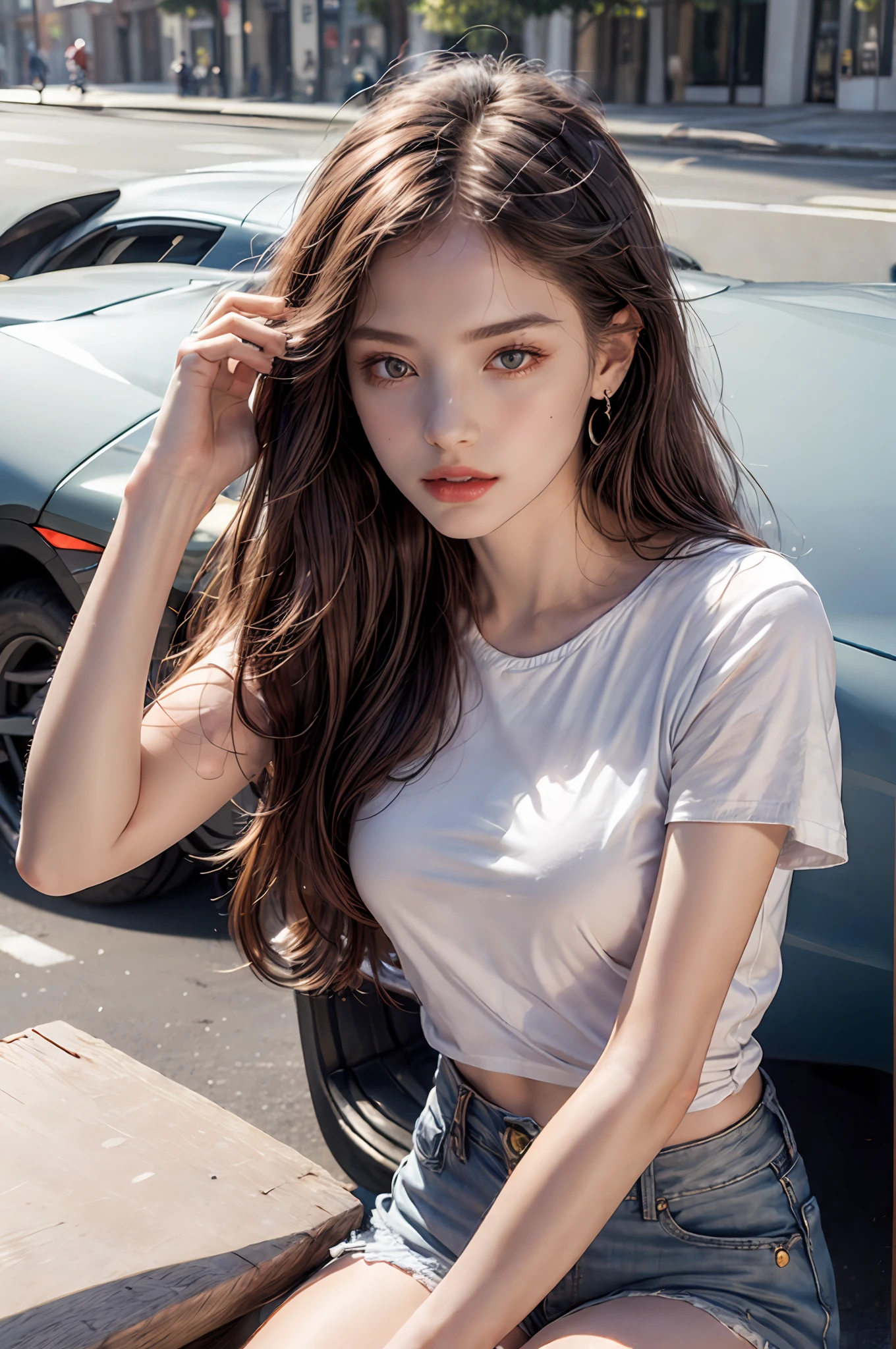 Best quality, masterpiece, super high resolution, (realistic: 1.4), original photo, (evening street), 1 girl, black eyes, looking at the audience, long hair, light makeup, lips, small ears, white t-shirt, denim shorts, earrings, sitting Ferrari, big breasts, slim