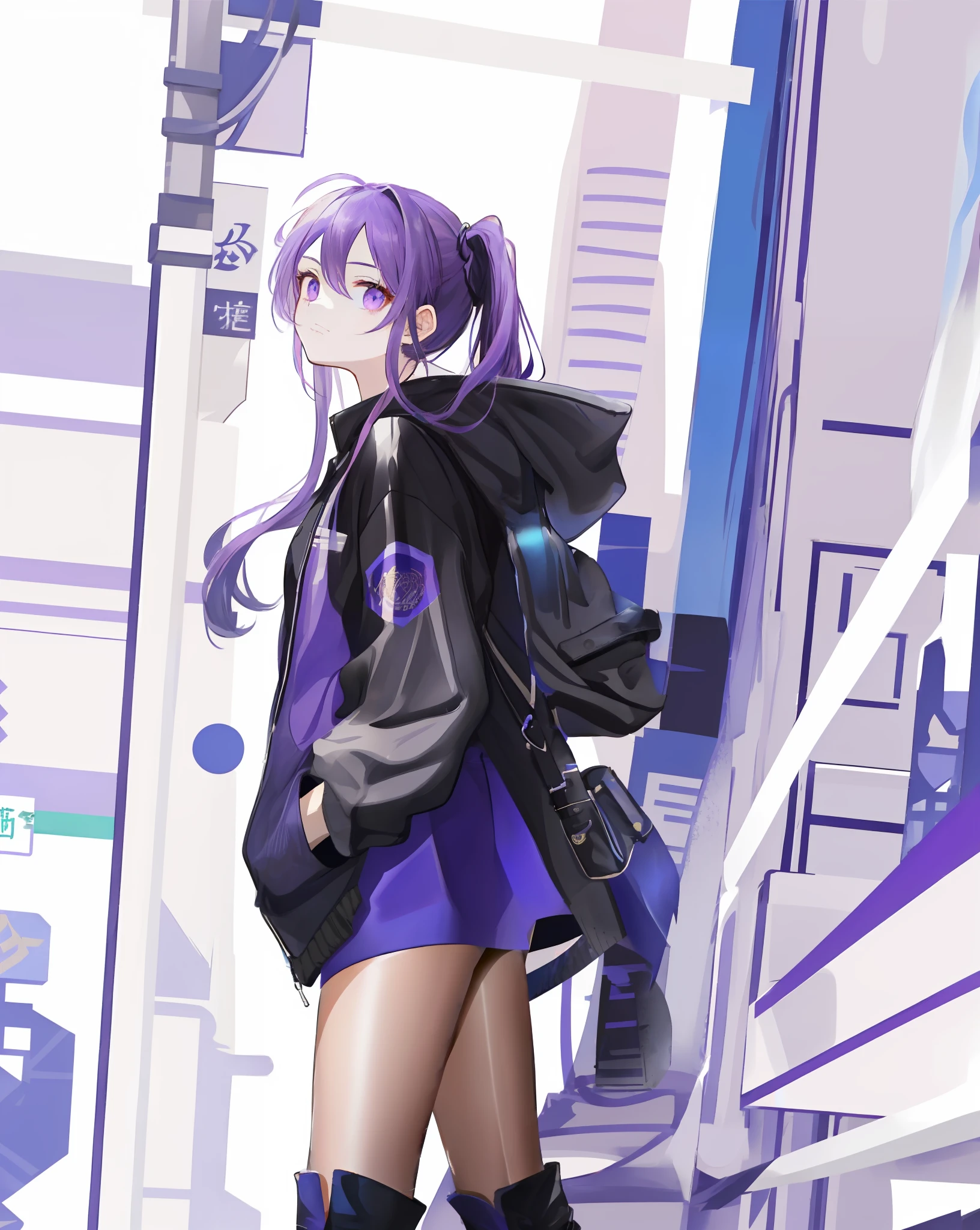 Character design picture, on white background, a girl with purple double ponytail hair and purple eyes wearing a black jacket with blue surround on the front facing the camera and putting her hands in the pocket of the jacket to the audience, the girl also wearing black boots, epic fine character art, stunning characters, beautiful thighs