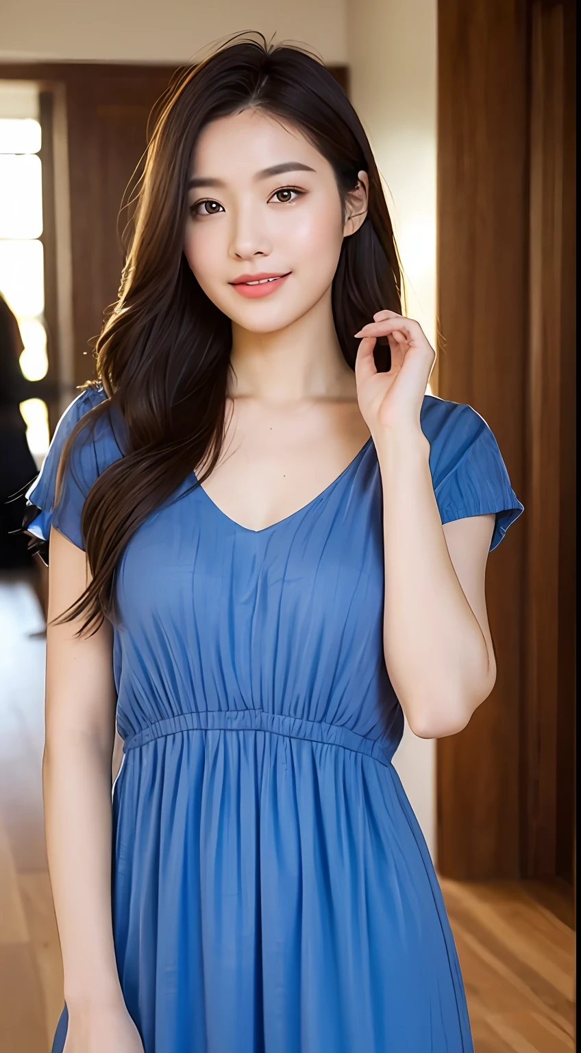 ((Top Quality, 8k, Masterpiece: 1.3)), 1 Girl, Smile, Full Body, Slim Face, Pretty Woman, (Dark Brown Hair), Full-Length Dress: 1.1, Ultra Detailed Face, Detailed Eyes, Double Eyelids, Blurred Background, Slim Face, Modern Luxury Home, Wooden Floor, Focal Length 35mmF12, Maxi Dress, C Cup