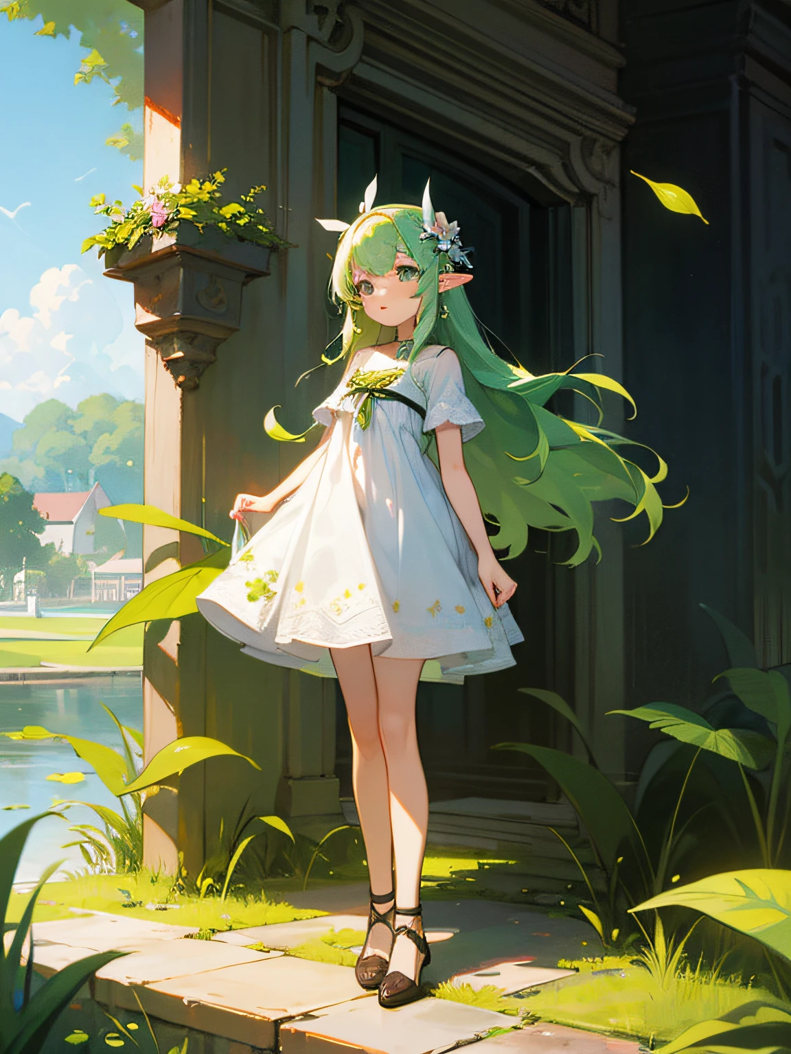 (Masterpiece, Best Quality, Illustration, Official Art: 1.05), (Standing Painting: 1.12), Full Body, Standing, Mouthless, Looking at the Audience, Solo, 1 Girl, Elf Girl, Long Hair, Green Hair, [Green | Blue] Eyes, Dress, White Hair Flower, Hair Accessories, (8 years old), (Child), Wind, Leaves, Vine, Universe,