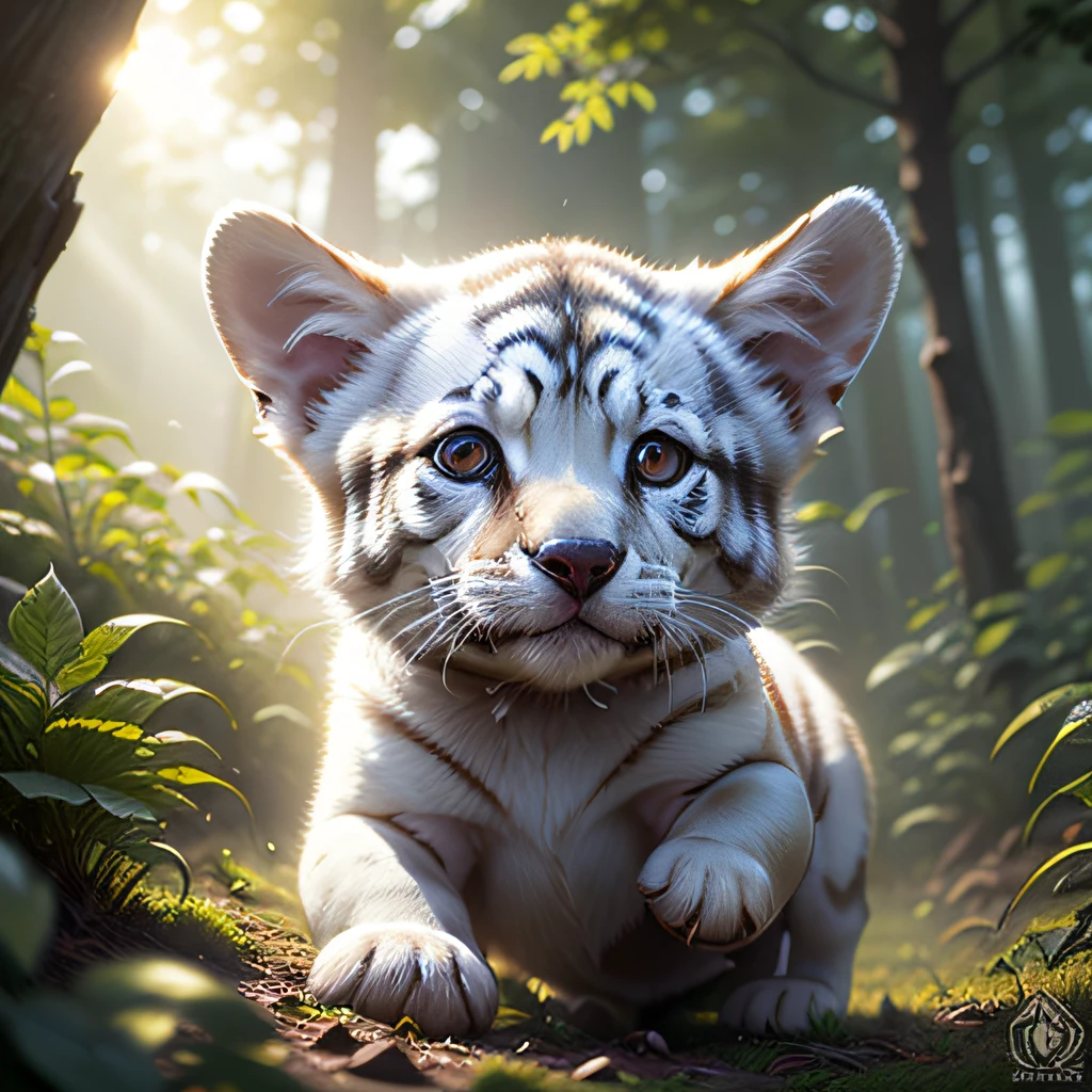 Close-up of a very cute jumping puppy in the forest, soft volumetric light, (backlight: 1.3), (movie: 1.2), intricate details, (ArtStation: 1.3), Rutkowski