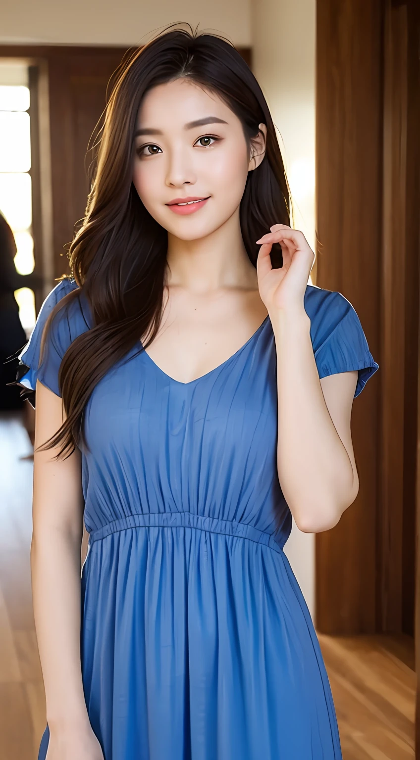 ((Top Quality, 8k, Masterpiece: 1.3)), 1 Girl, Smile, Full Body, Slim Face, Pretty Woman, (Dark Brown Hair), Full Length Dress: 1.1, Ultra Detailed Face, Detailed Eyes, Double Eyelids, Blurred Background, Slim Face, Modern Luxury House, Wooden Floor, Kitchen Island Next Door, Focal Length 35mm F12, Zoom Out, Maxi Dress, C Cup