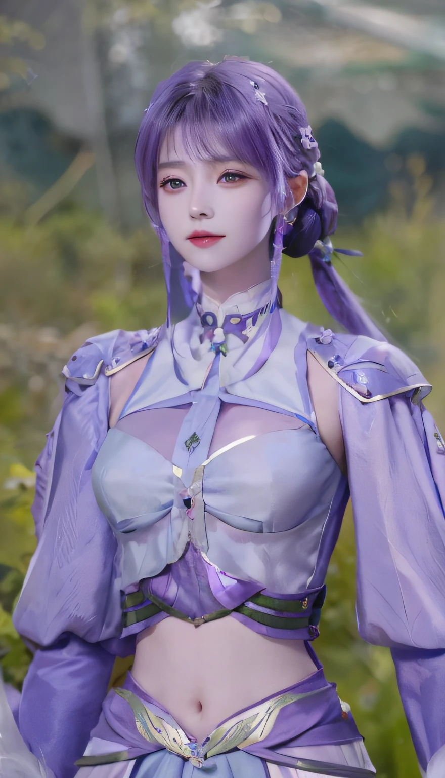 A close-up of a person in purple costume and purple hair, seductive princess knight, beautiful woman with violet skin, giggling character, ultra-detailed fantasy character, Yunling, full body fairy, Hirase Jinyao, beautiful and elegant queen, portrait of the queen, beautiful woman with gorgeous robes,
