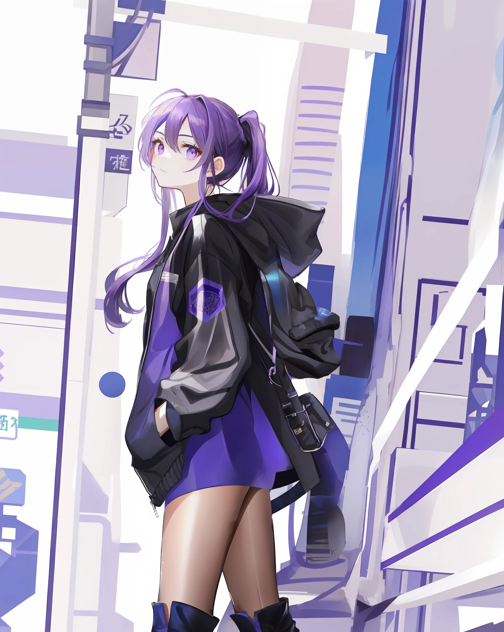 Character design picture, on white background, a girl with purple double ponytail hair and purple eyes wearing a black jacket with blue surround on the front facing the camera and putting her hands in the pocket of the jacket to the audience, the girl also wearing black boots, epic fine character art, stunning characters, beautiful thighs