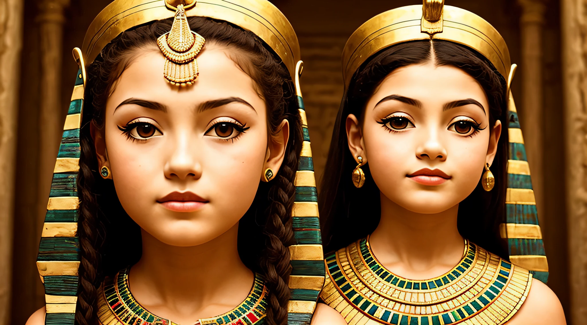 GIRL CHILD BLONDE WITH LONG HAIR, A PORTRAIT, of a bust of a mENINA BLONDE CHILD IN BRAIDS wearing a hat, wearing an Egyptian crown, Nefertiti, ancient egyptian, egyptian, egyptian makeup, precise for egyptian tradition, egyptian art, egyptian makeup, beautiful and huge head ornaments, ancient egyptian art, ancient egyptian art, ancient egypt, beautiful cleopatra,  Egyptian princess, ancient Libu princess