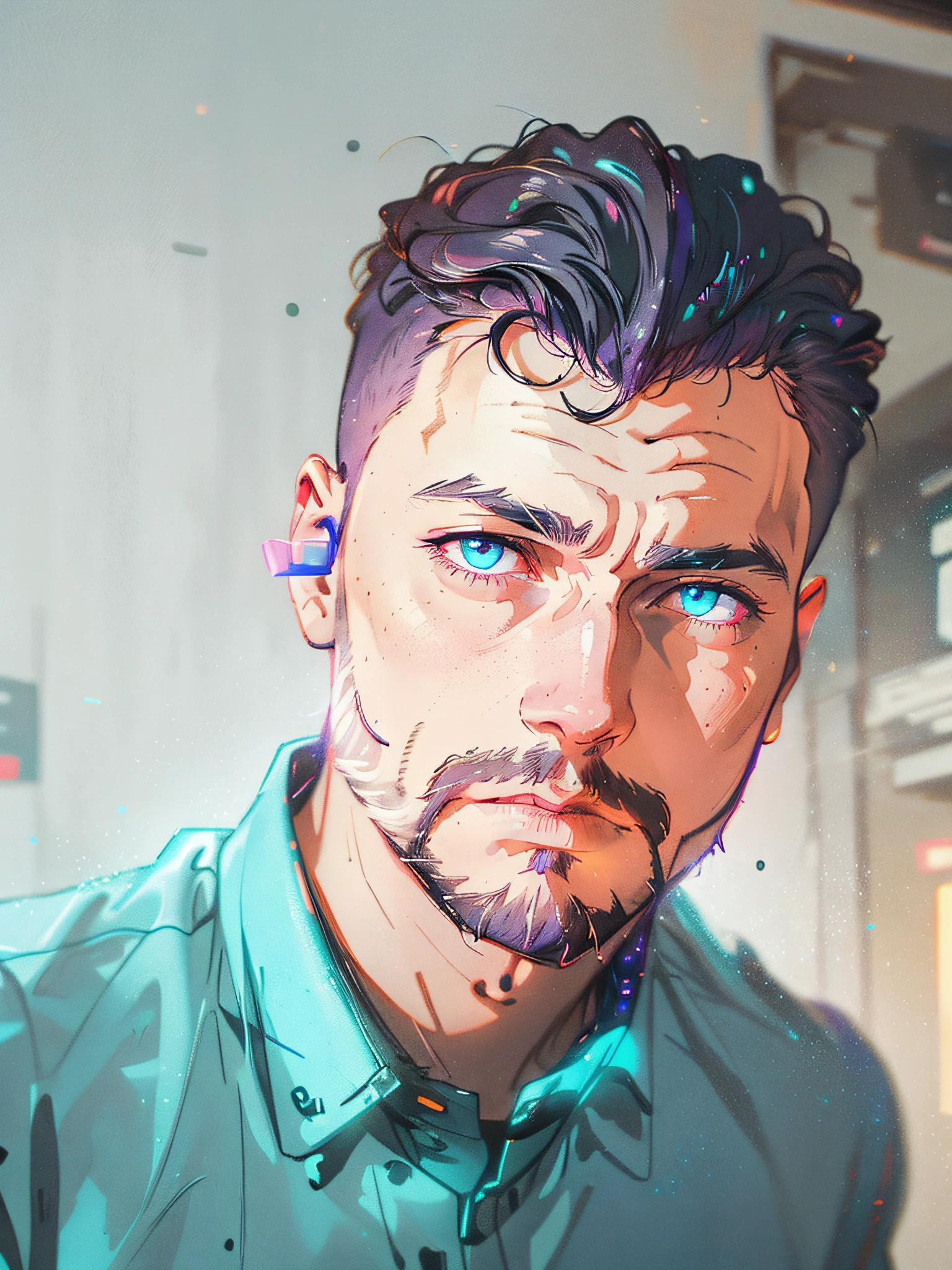 HD, (Best Detail) (Best Quality) There is a man with a beard and a blue shirt, colorful, cyberpunk, neon, beautiful lights, purple reflections,