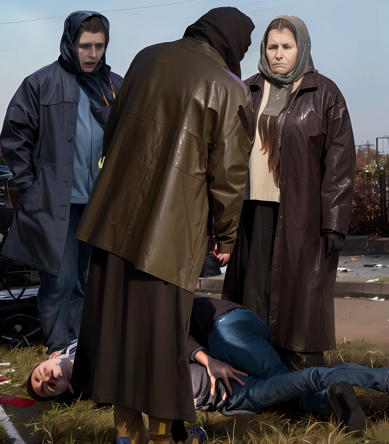 theatralic first-aid-drama, an outdoor scene in autumn in the background, rainy weather scene, injury scene, a man has fallen and is lying injured on the ground, women are caring for a fallen man that is lying injured on the ground, several women are attending to the injured man on the ground, women in shiny and wet coats are taking care for a lying male injury victim, several women in very high shine leather clothing, several women are giving medical treatment to a wounded man in a street, accident, first aid, help to a wounded man, first aid for an injured male, an injured man on the ground in matte jeans and cotton shirt, a man in jeans and shirt is lying on the ground and writhing in intense pain, there is an injured man lying in pain on the ground and covering his agonised and suffering face with his hands, several women are giving first aid to an injured man who is lying in pain on the ground, all the women beside the injured lying man are wearing very shiny waterproof clothes, dramatic action scene, hyperrealistic, photorealistic, photo, ultra realistic, theatralic pity pose, celebrating first aid, all of the women are looking very concerned and sad, the shocked women have tears in their eyes, the women are looking very furious and are desperately shouting out for help