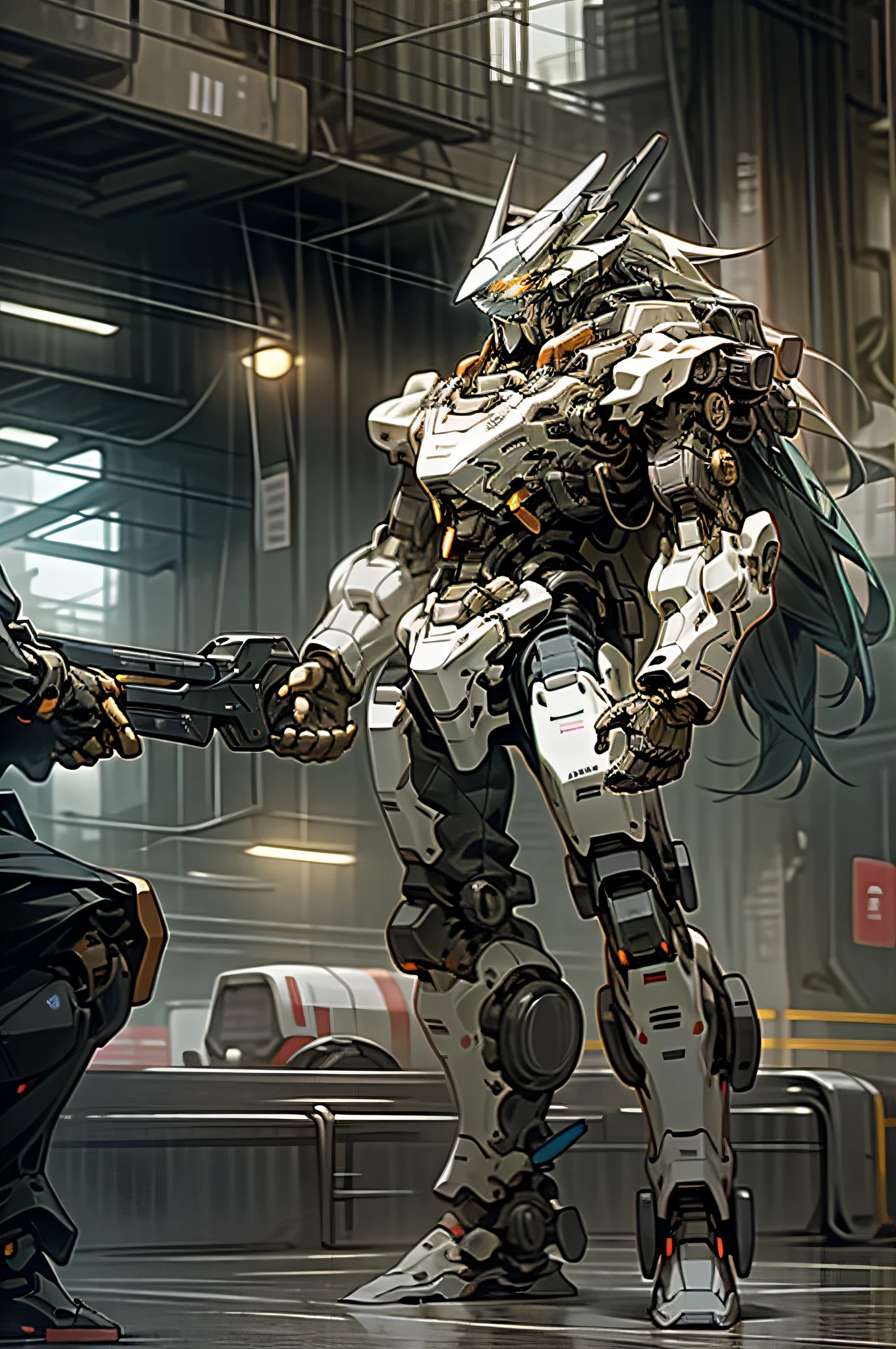 Ruins, Holding Weapons, No Humans, Glowing, Robots, Buildings, Glowing Eyes, Black Mecha, Science Fiction, City, Reality, Mecha, Galactic Background, Full Body, Cyberpunk, 8K Wallpapers, Hyper-Detail Works, Cinematic Lighting, Realistic Photos, Wearing Shabby Mech Suits, Intricate, Steel Metal (Rusty), Elegant, Clear Focus, Soft Lighting, Vivid Colors, Masterpiece,