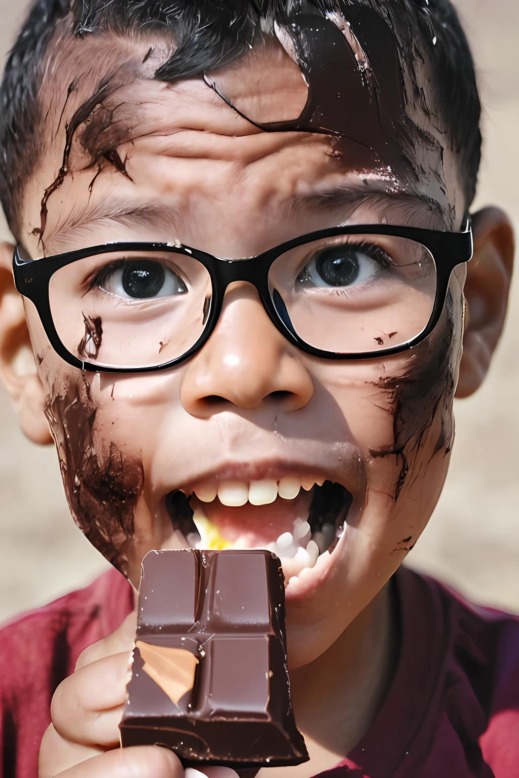 guttonerdvision6, award-winning full-length portrait of a happy 3--old wearing glasses, center of image, looking at the viewer, (((face skin and pores)) (((detailed))). He's eating a chocolate bar and his face is smeared with chocolate, Intricate scene, realistic, cinematic, 8k, realistic