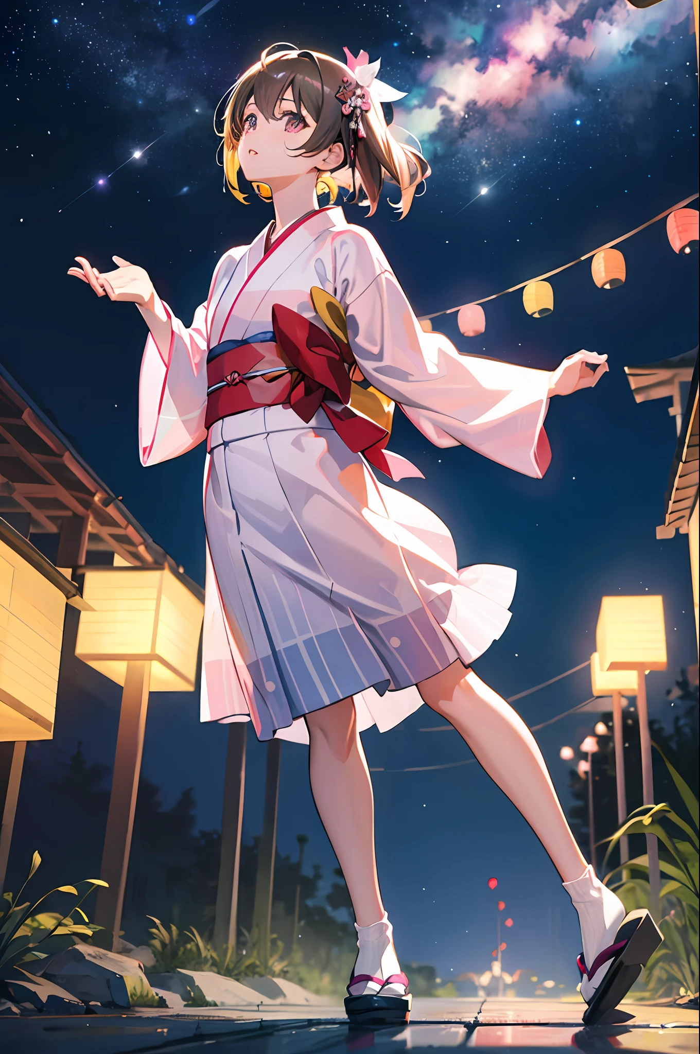 Top Quality, Masterpiece, Ultra Realistic, High Definition, Very Detailed, 8K, One Girl, Cute, Anime, Crystal Clear White Skin, Asian Girl, Full Body, Junior High School, 14 Years Old, Children, (Hair Color is Pink), Tanabata Festival, Looking Up at Many Starry Skies, Midnight, Cute Yukata, Don't Look At Me, Don't Look At Me