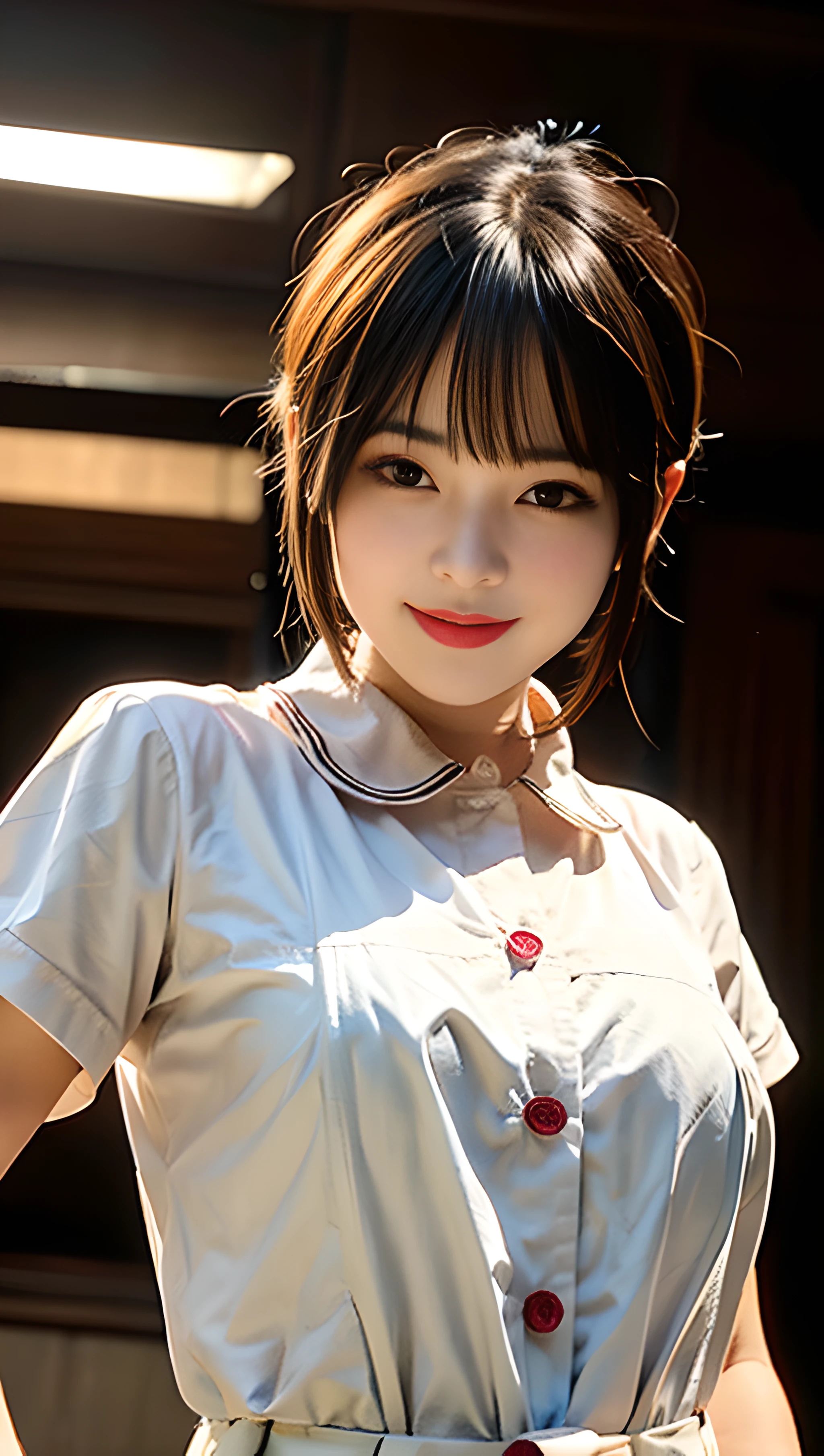 best quality, masterpiece, (photorealistic:1.4), 1girl, light smile, shirt with collars, waist up, dramatic lighting, from below