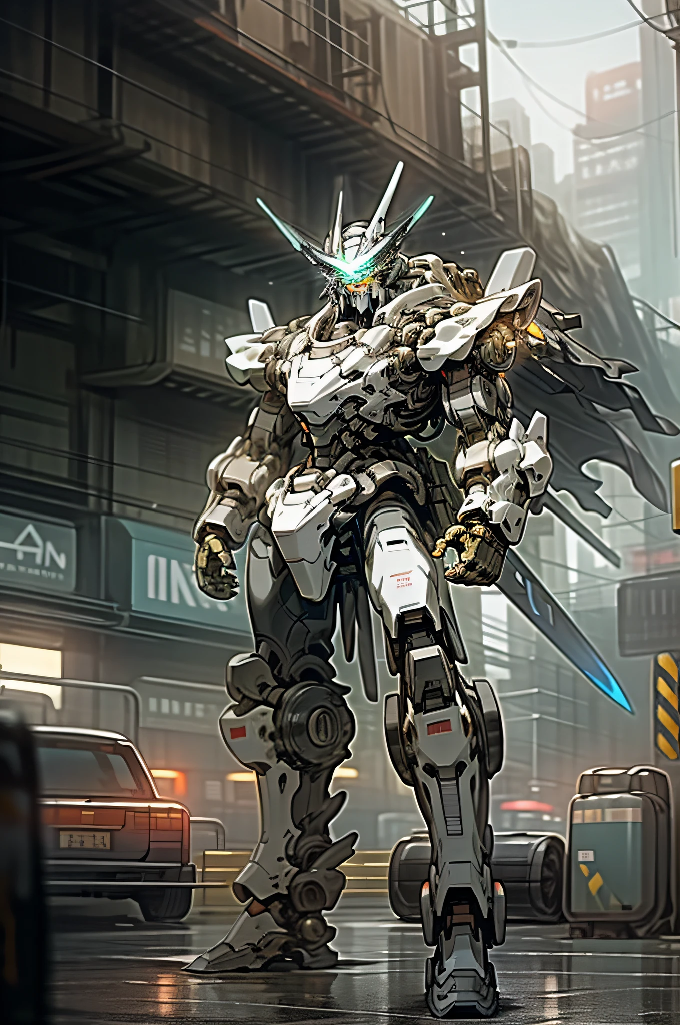 Ruins, Holding Weapons, No Humans, Glowing, Robots, Buildings, Glowing Eyes, Black Mecha, Science Fiction, City, Reality, Mecha, Galactic Background, Full Body, Cyberpunk, 8K Wallpapers, Hyper-Detail Works, Cinematic Lighting, Realistic Photos, Wearing Shabby Mech Suits, Intricate, Steel Metal (Rusty), Elegant, Clear Focus, Soft Lighting, Vivid Colors, Masterpiece,