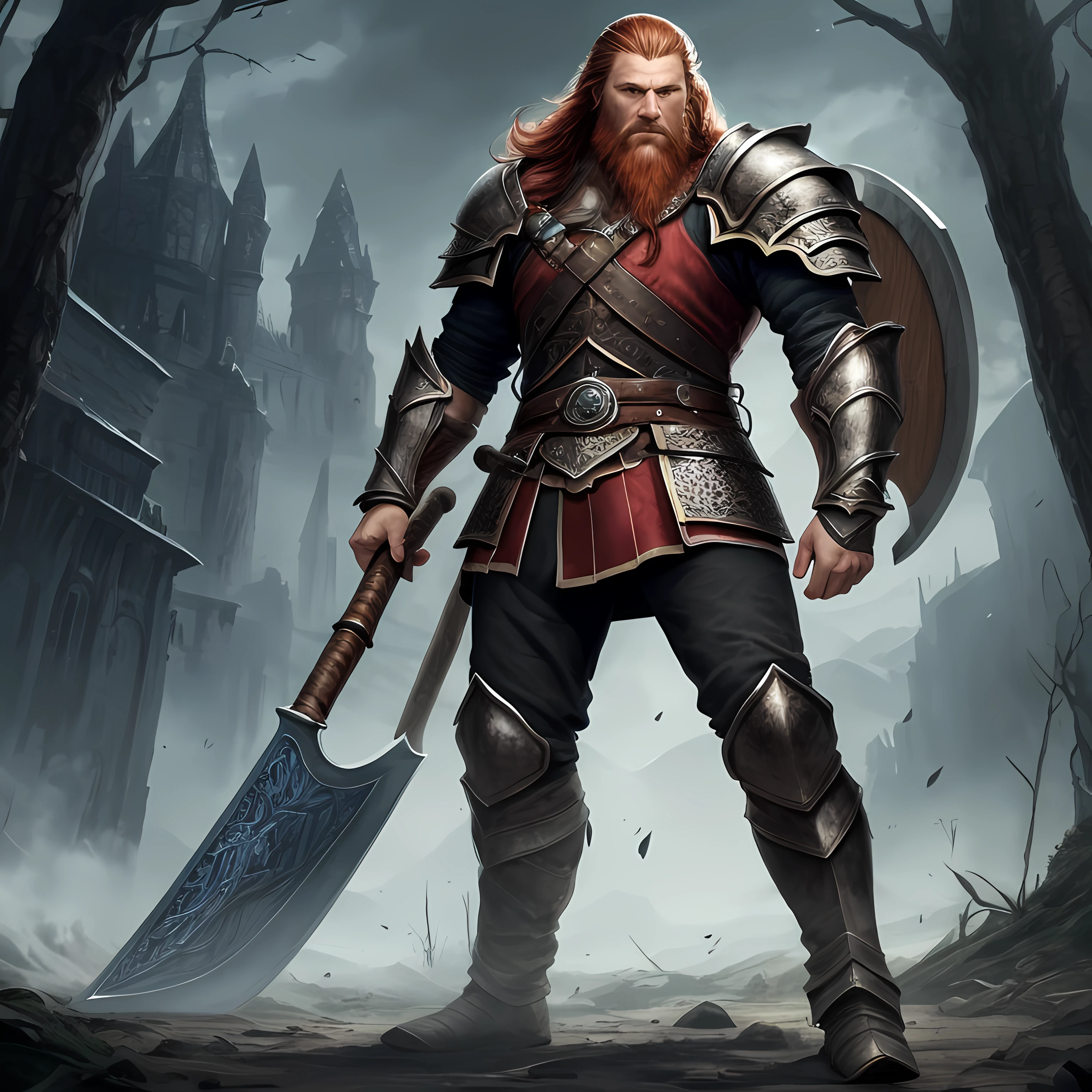 viking, STANDING, huge red beard, DETAILED FACE, ELEGANT, WITH AXE IN RIGHT HAND, epic portrait, male fantasy portrait, rpg portrait concept art, male warrior, fantasy concept art portrait, epic portrait illustration, detailed character portrait, large black armor, full armor, blue eyes, short hair, brown hair, detailed hands, cover, DETAILED LEGS,  DETAILS ON THE FOOT, , LYING ON THE FLOOR --auto