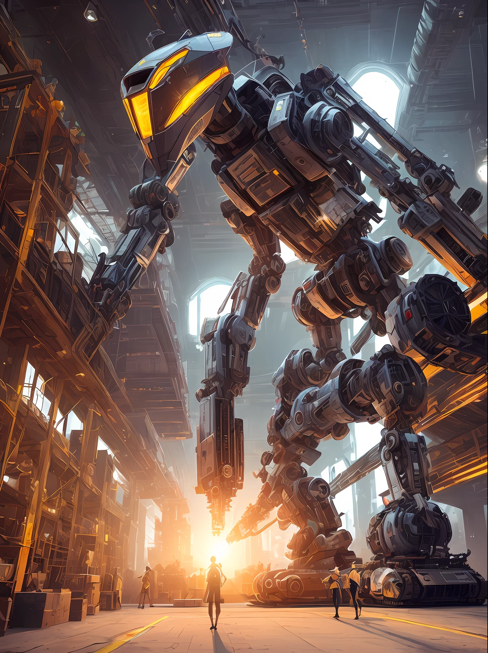 ((masterpiece, best quality)),illustration,ultra detailed 8k,photorealistic,sharp focus,highly detailed,professional lighting,colorful details,iridescent colors BREAK extreme long shot of a factory,large mechanical robot construction,microchip,computer,glowing,intricate details,shitu-mecha,1girl is standing in front of the audience,Navel