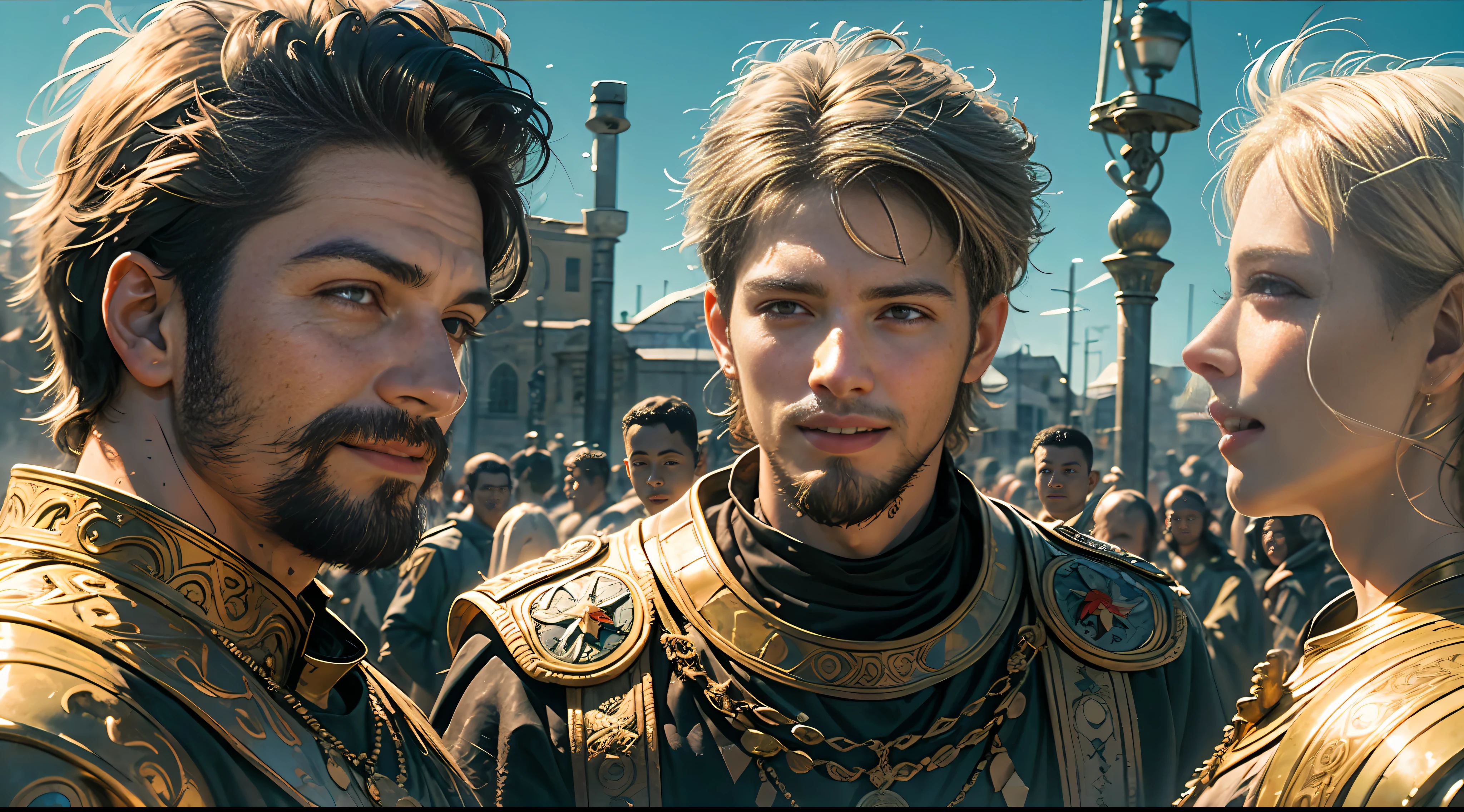 Masterpiece, highest quality, high resolution, high fine, ultra-detailed, realistic, cinema, the youth of Constantine the Great, Roman emperor, Nicomedia court, military training of the Roman imperial army, sweat, smiling mouth, eyes like a lion, broad shoulders, thick shoulders, gymnasium bathed in sunlight, clear blue sky, fresh breeze,