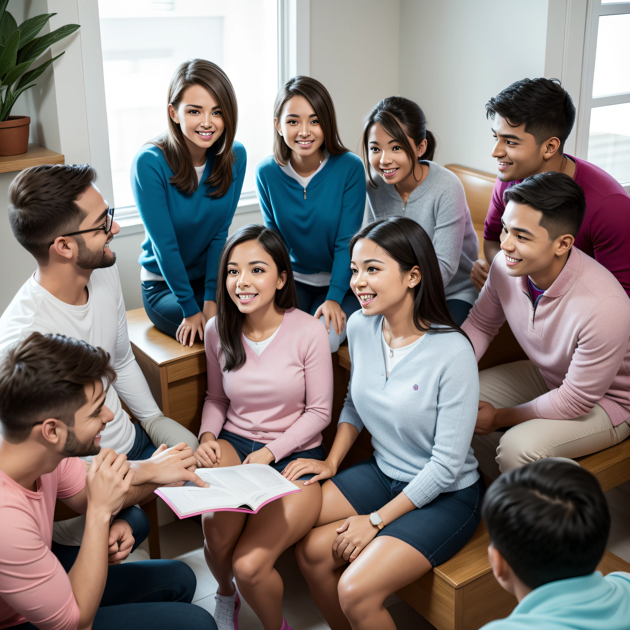 At home, 35-year-old female teacher in white, 3 male students in blue pullover, 2 female students in pink, happy, smiling, clear face, exchanging and sitting