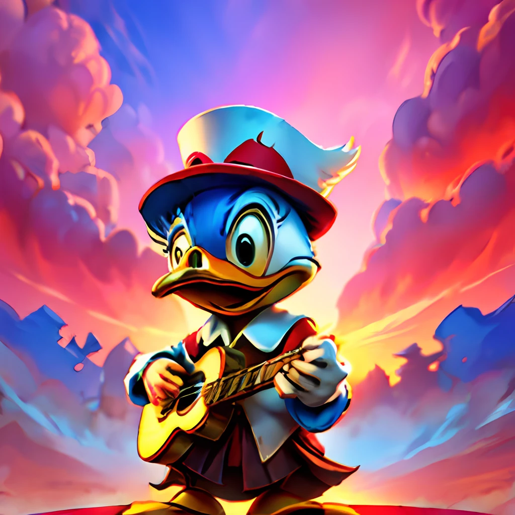 Donald Duck, glasses, wearing a red paper house cover, cute, playing guitar, full body: 1.2, happy, a black top hat on his head, looking at me, Best quality, masterpiece, ultra high resolution, sky, cloud, mouth a little open, day, sunset, hyper realistic image, 4k image, ultra detelhados character traits.