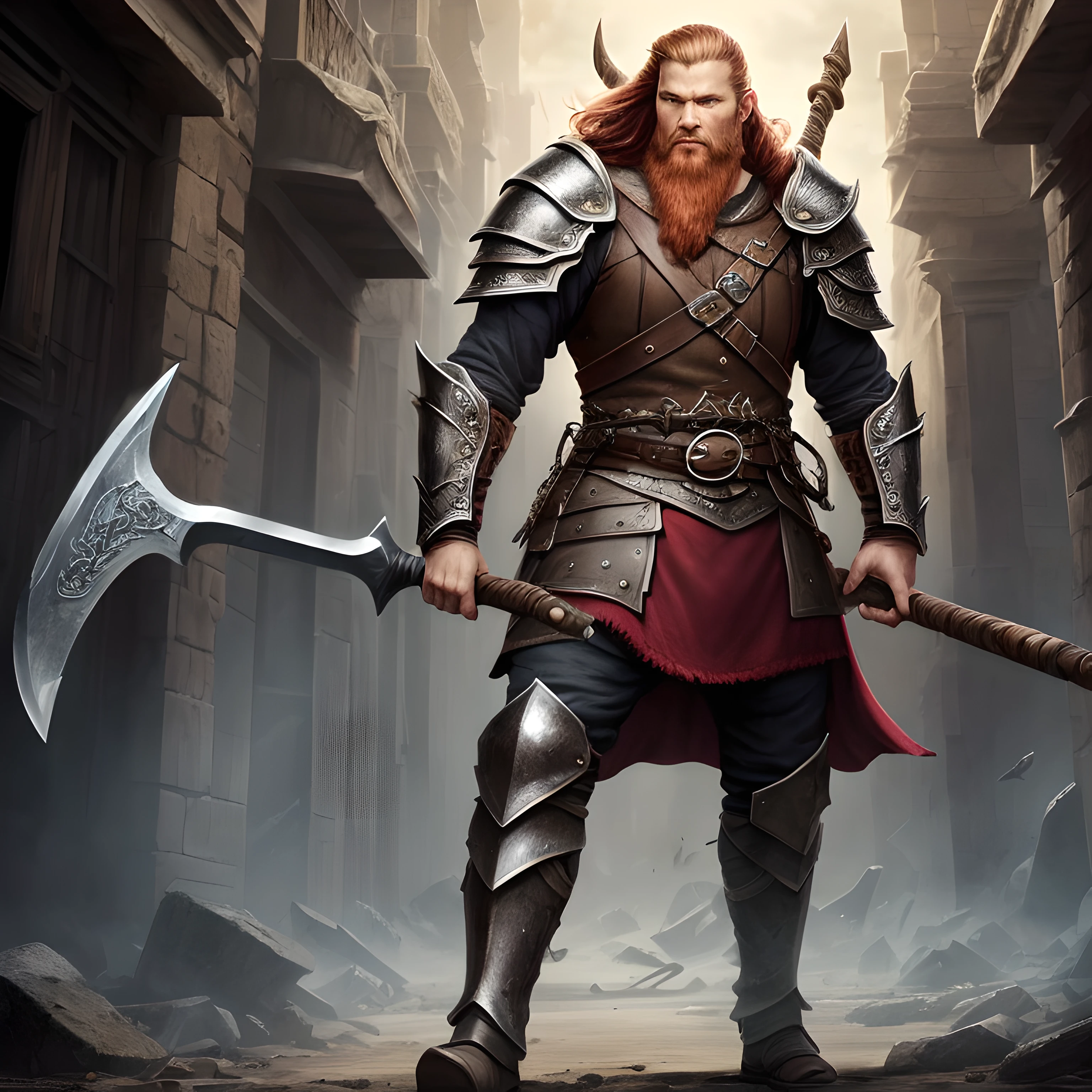 viking, STANDING, huge red beard, DETAILED FACE, ELEGANT, WITH AXE IN RIGHT HAND, epic portrait, male fantasy portrait, rpg portrait concept art, male warrior, fantasy concept art portrait, epic portrait illustration, detailed character portrait, large black armor, full armor, blue eyes, short hair, brown hair, detailed hands, cover, DETAILED LEGS, DETAILS ON THE FOOT, , FALLEN TO THE GROUND --auto