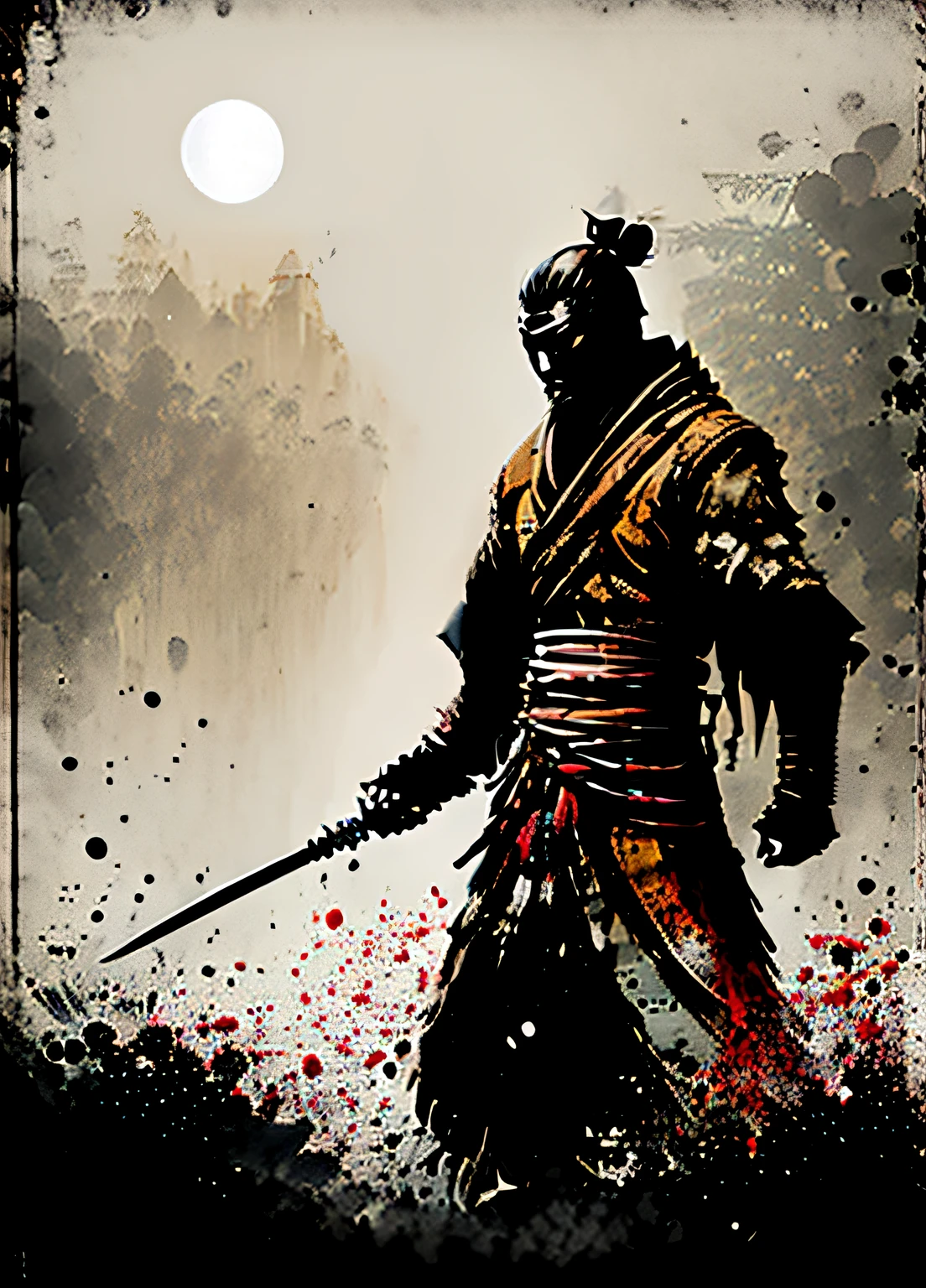 Isshin, the Sword Saint is a legendary warrior and the founder of the Ashina Clan. He is an old man with white hair and beard, wearing a blue kimono with black patterns and a white cloak. He carries a katana and a spear. He also has a gun hidden in his sleeve.

He awaits Sekiro in the great grass field where he first fought Genichiro Ashina, his grandson. The field is covered with blood and corpses of soldiers who died in the battle. The sky is dark and stormy, and lightning flashes occasionally. Isshin emerges from Genichiro’s body after he sacrifices himself to revive him using the Black Mortal Blade. He respects Sekiro as a worthy opponent and challenges him to a final duel for the fate of Ashina.
moon, dark theme, light, fantasy,