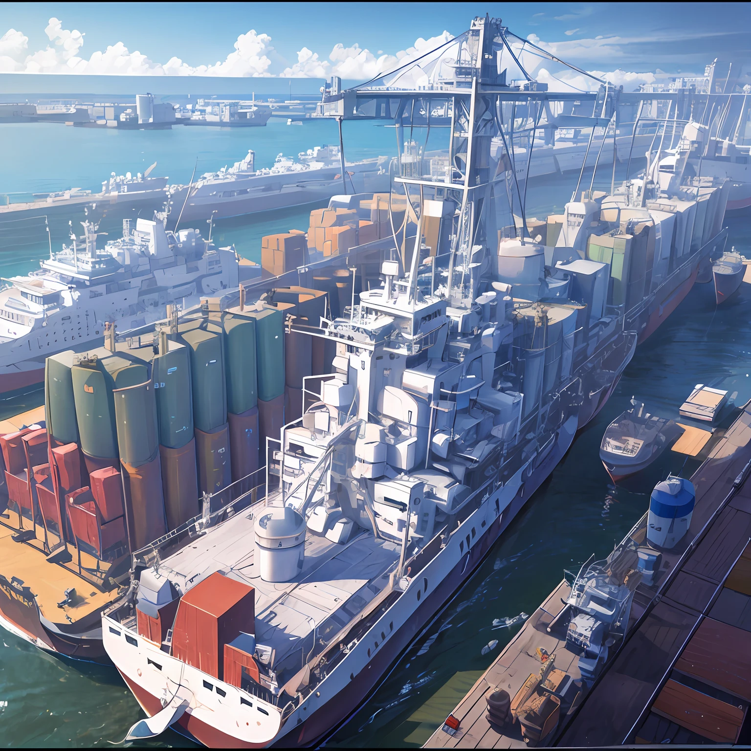 port, Realisticstyle, Top view, Several freighters are parked only in port, There are several oil storage tanks in the port, Workers at work on the docks, UHD, masterpiece, high details, best quality, highres --auto