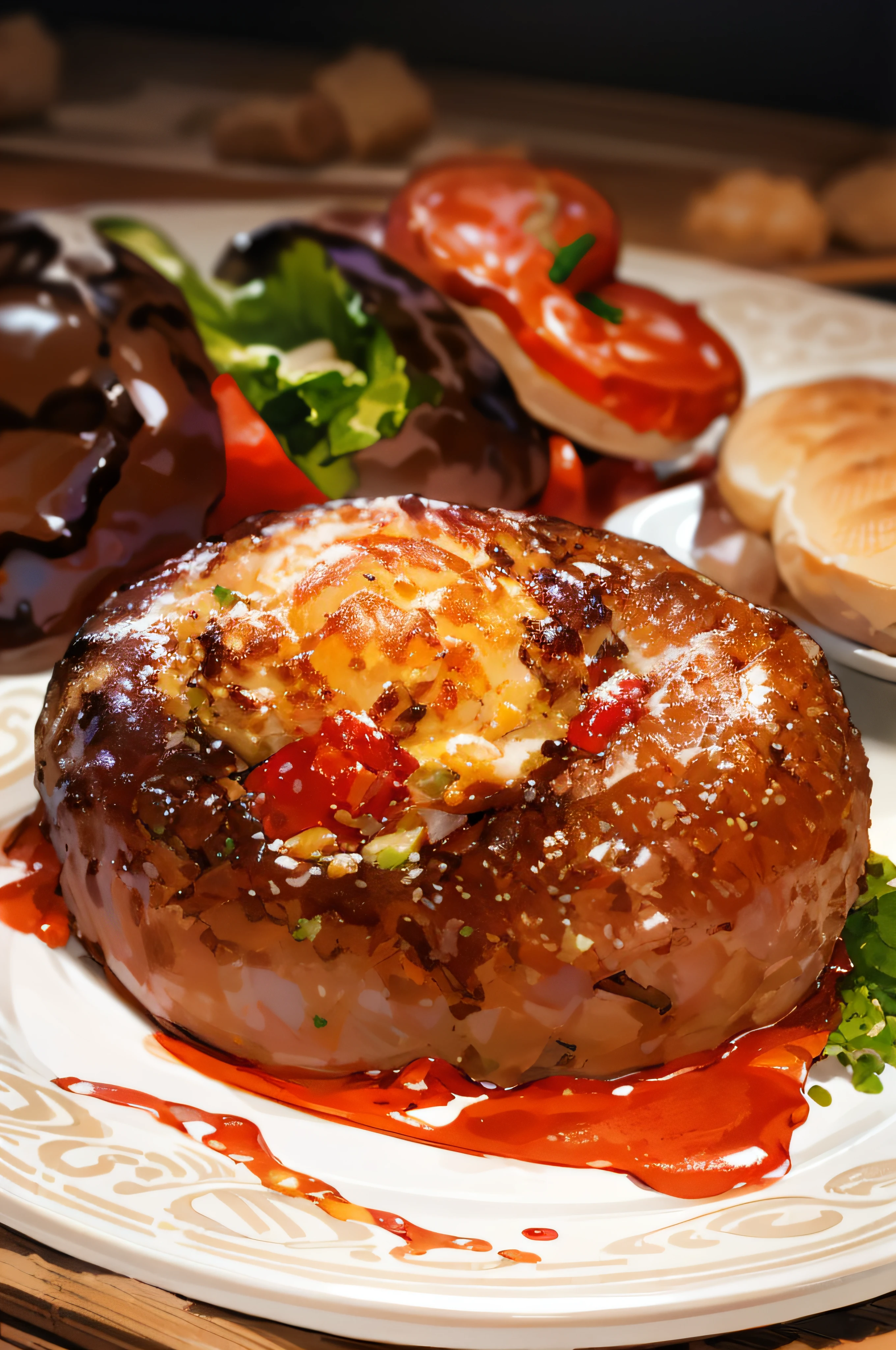 Plate of food with meat, potatoes and vegetables, luscious patty with sesame seeds, hamburger on plate, lean minced meat on plate, nuggets and sausages, minced meat, hamburger, hamburger, meatloaf, potato, delicious, pork, ground beef, high resolution!,juicy meat, hamburger, meat