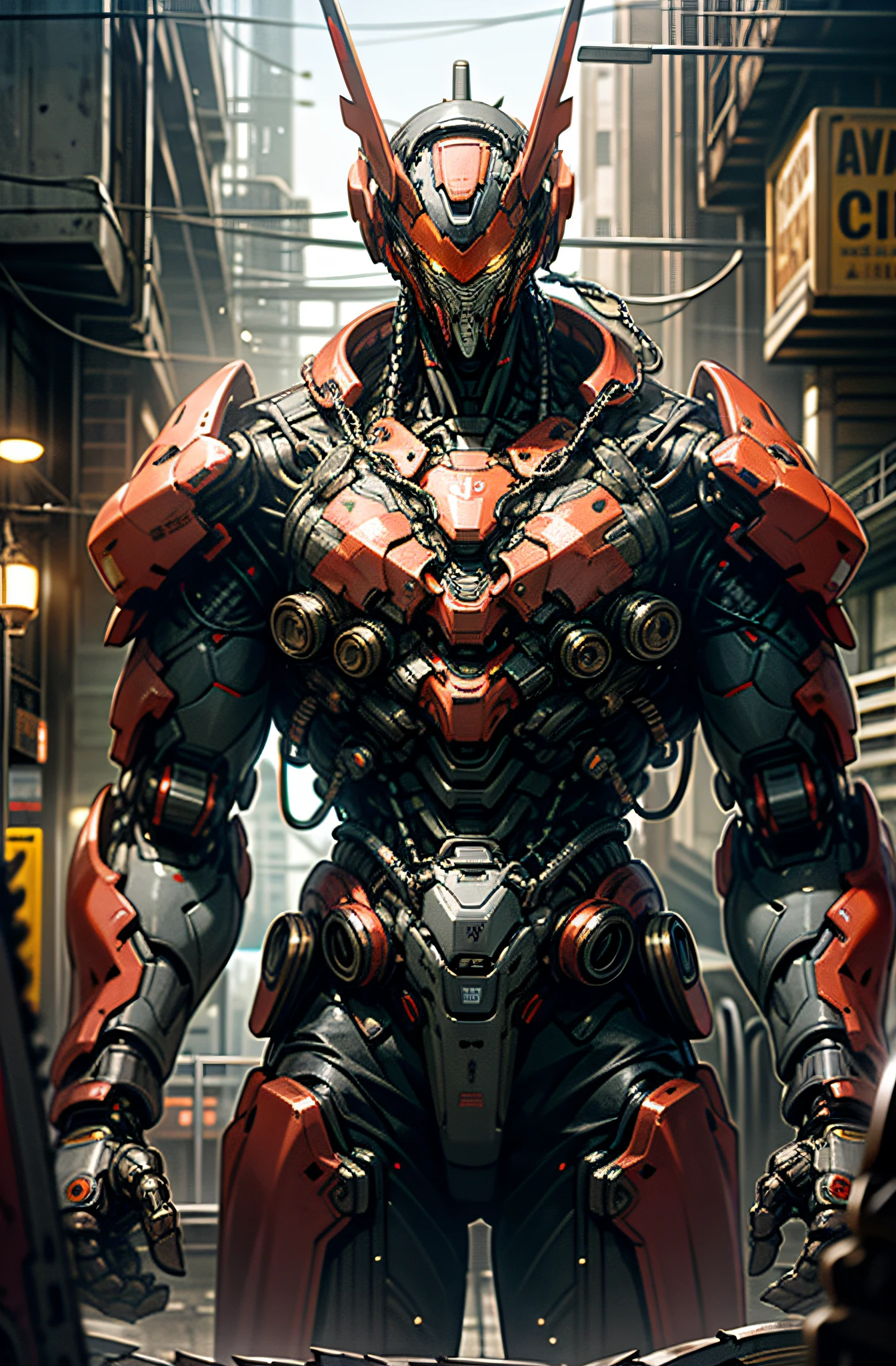 Dark_Fantasy,Cyberpunk,(chain saw,chain saw man,Red:1.1),1man,Mechanical marvel,Robotic presence,Cybernetic guardian, wearing a worn-out mech suit, intricate, (steel metal [rusty]), elegant, clear focus, shot by greg rutkowski, soft lighting, vibrant colors, masterpiece, ((street)), cowboy shot, dynamic pose,