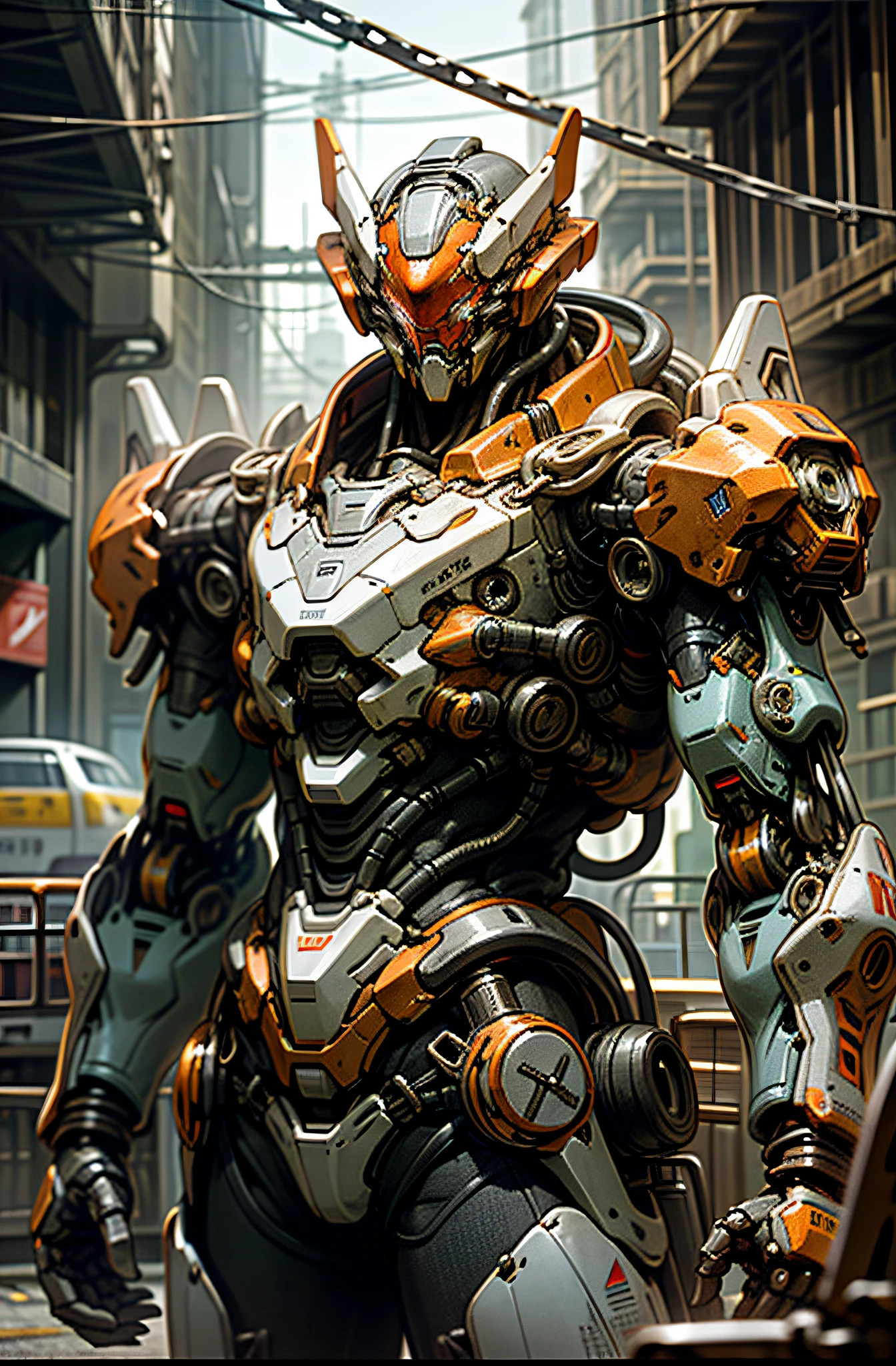 Dark_Fantasy,Cyberpunk,(chain saw,chain saw man,Red:1.1),1man,Mechanical marvel,Robotic presence,Cybernetic guardian, wearing a worn-out mech suit, intricate, (steel metal [rusty]), elegant, clear focus, shot by greg rutkowski, soft lighting, vibrant colors, masterpiece, ((street)), cowboy shot, dynamic pose,