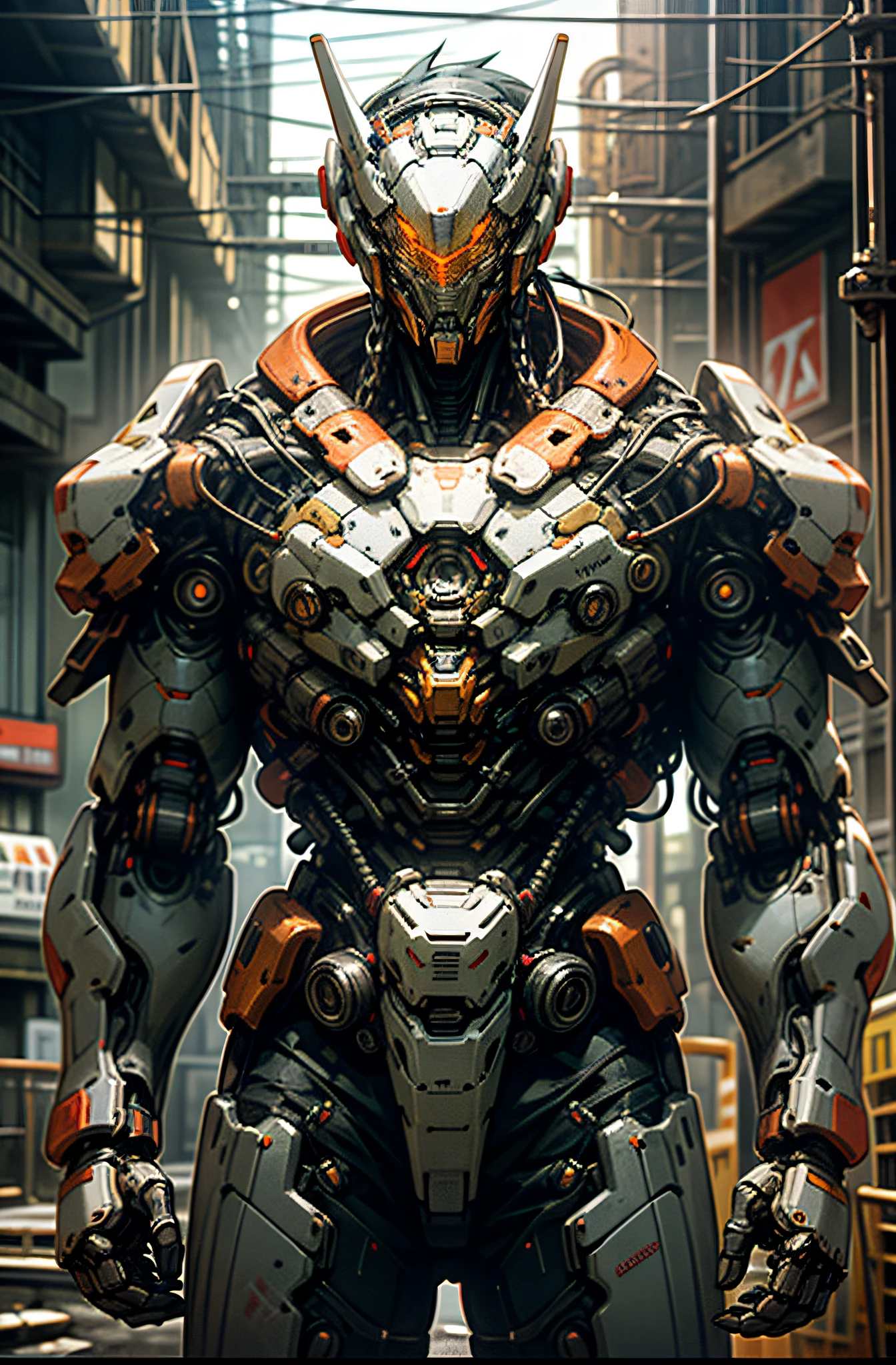 Dark_Fantasy,Cyberpunk,(chain saw,chain saw man,Red:1.1),1man,Mechanical marvel,Robotic presence,Cybernetic guardian, wearing a worn-out mech suit, intricate, (steel metal [rusty]), elegant, clear focus, shot by greg rutkowski, soft lighting, vibrant colors, masterpiece, ((street)), cowboy shot, dynamic pose,