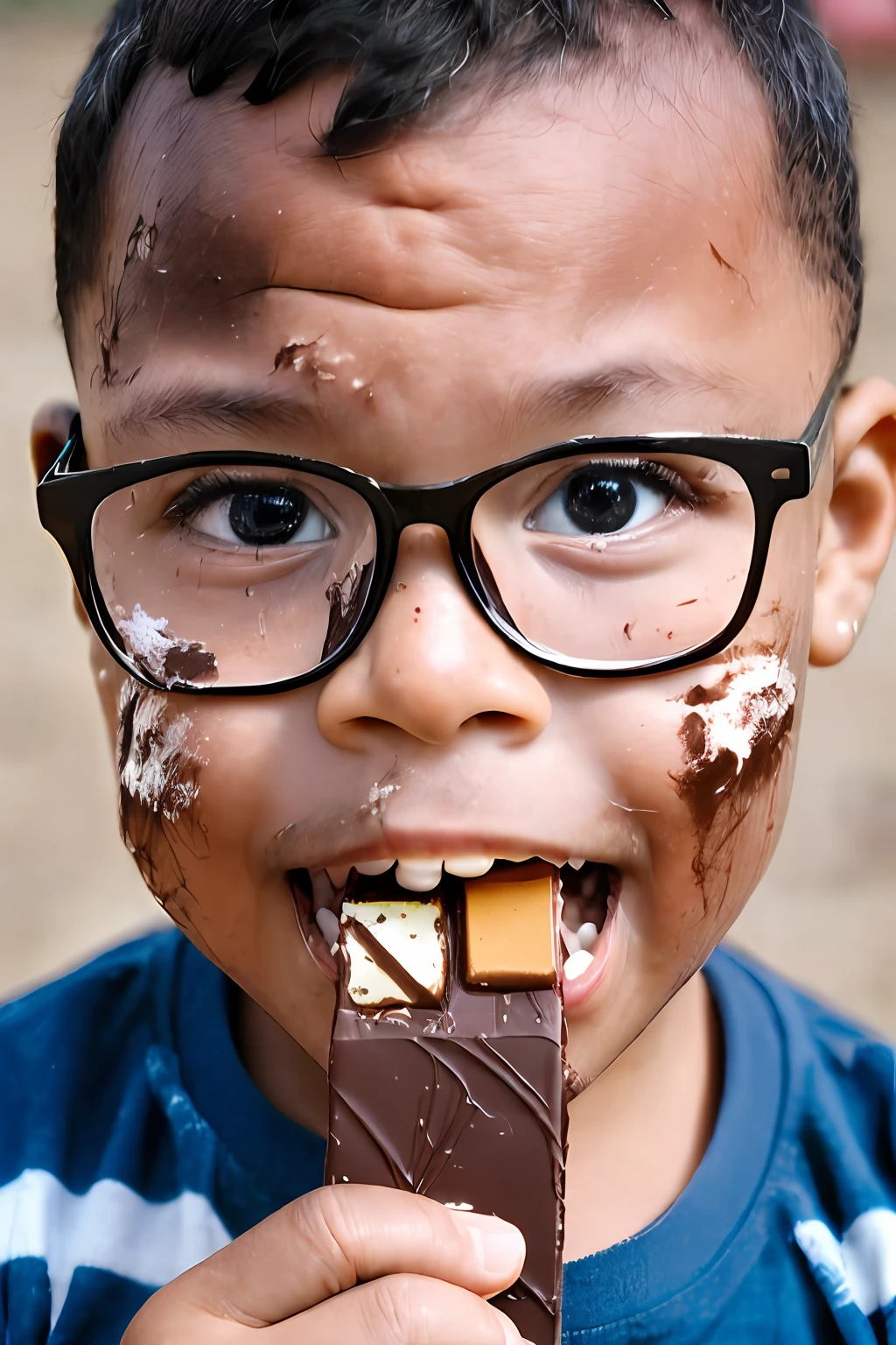 guttonerdvision6, award-winning portrait of ((half body)) of a happy 3-year-old boy wearing glasses, center of image, looking at the viewer, (((face skin and pores)) (((detailed))). He's eating a chocolate bar and his face is smeared with chocolate, Intricate scene, realistic, cinematic, 8k, realistic