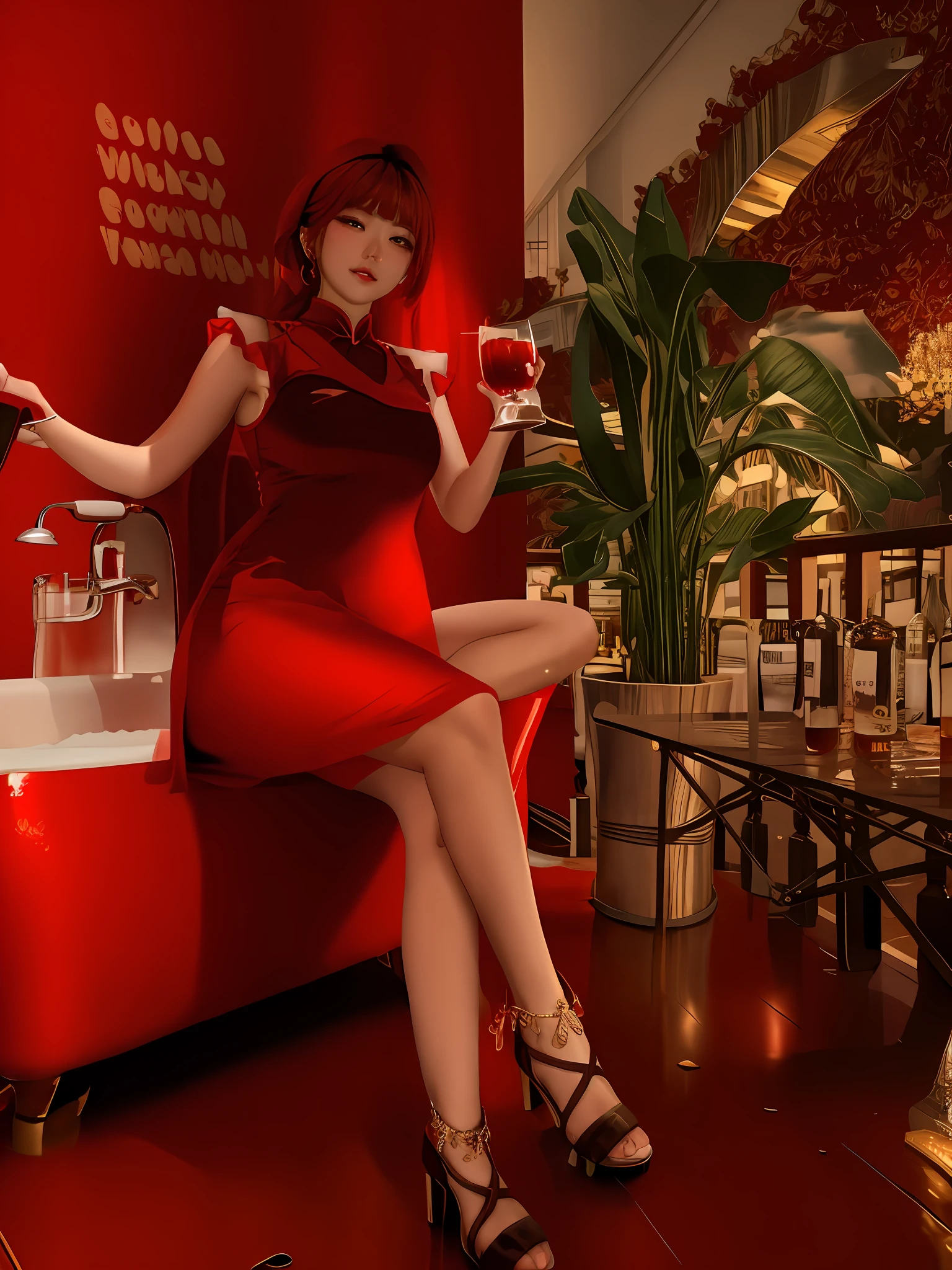 woman in red dress sitting on a red bathtub holding a glass, sexy red dress, girl wears a red dress, red short dress, red dress, elegant red dress, wearing a red dress, bright red, wearing red dress, in a red dress, sleeveless red dress, sha xi, wearing a red cheongsam, detailed picture, dominating red color