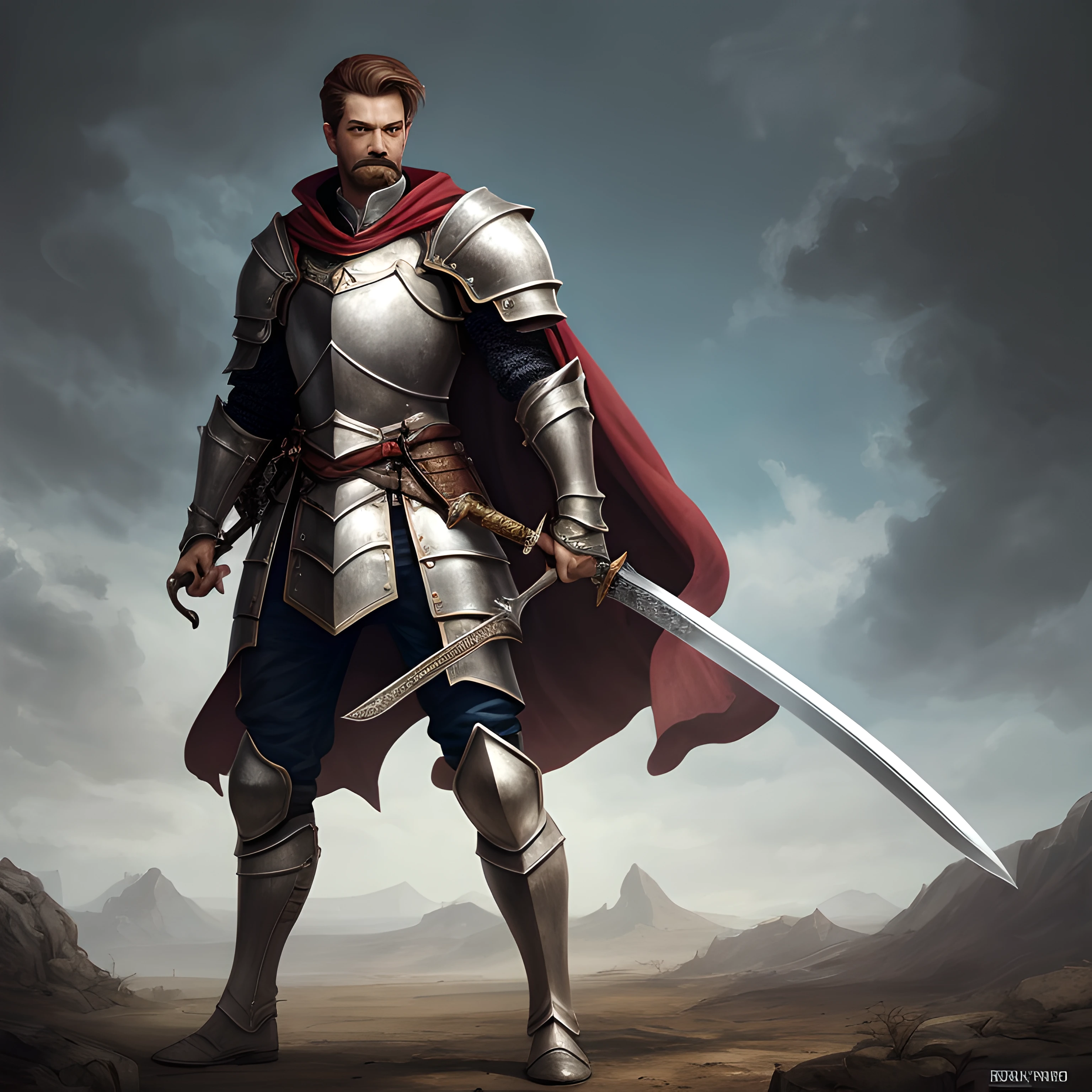 KNIGHT, STANDING, WITH DETAILED MUSTACHE, DETAILED FACE, ELEGANT, WITH SWORD IN RIGHT HAND, epic portrait, fantasy male portrait, art RPG concept portrait, male warrior, fantasy concept portrait, epic portrait illustration, character detailed portrait, large black armor with red details, full armor, blue eyes, short hair, brown hair, detailed hands, cape, detailed legs, foot details, JUMPING --auto