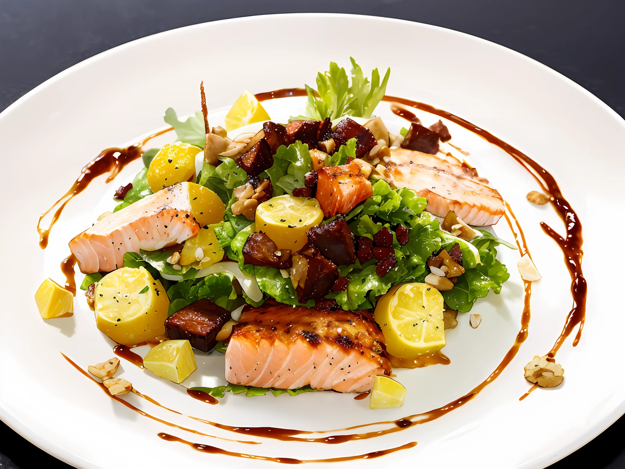 Salad on a plate with salmon chunks, salad, lettuce, BBQ sauce, fancy dishes, anime style, low details, low detail, illustrations