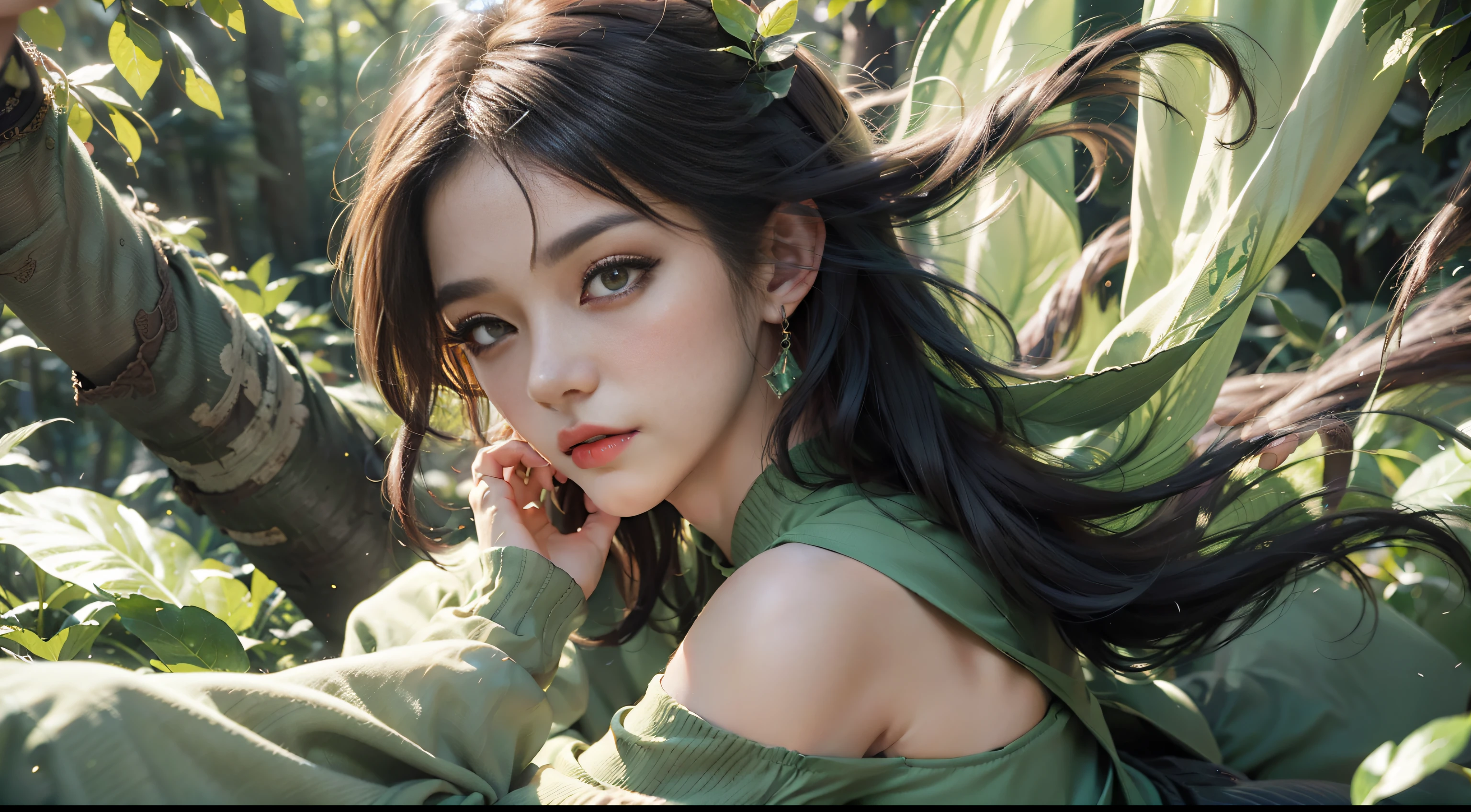 (Masterpiece, top quality, best, official art, beautiful and aesthetic, long exposure: 1.2), smooth movement, charming pattern, 1 girl, (long skirt with sleeves: 1.3), (((green clothes))), full body close-up, off-the-shoulder, girl, blush, black lob hair, portrait, solo, miniskirt, gaze observer, detailed background, detailed face, (crystallineAI, crystalline theme: 1.1), fairy, Spin leaves, control leaves, emerald clothes, dynamic poses, floating particles, ethereal power, leaves, vapor, forest in background, green tones, forest, ethereal atmosphere,