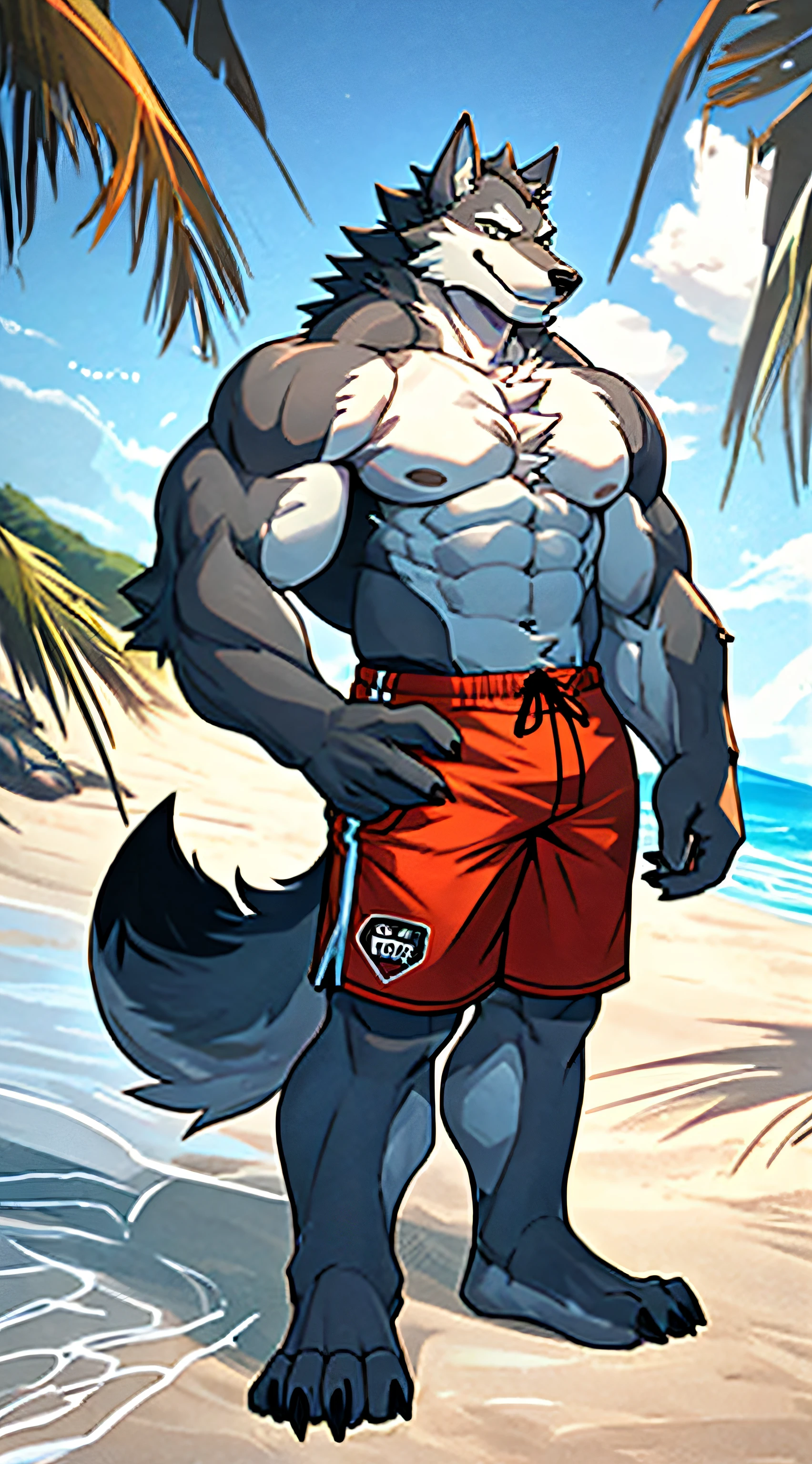 Wolf boy, handsome, muscular, strong, topless, beach, shorts, furry, smiling, highest quality