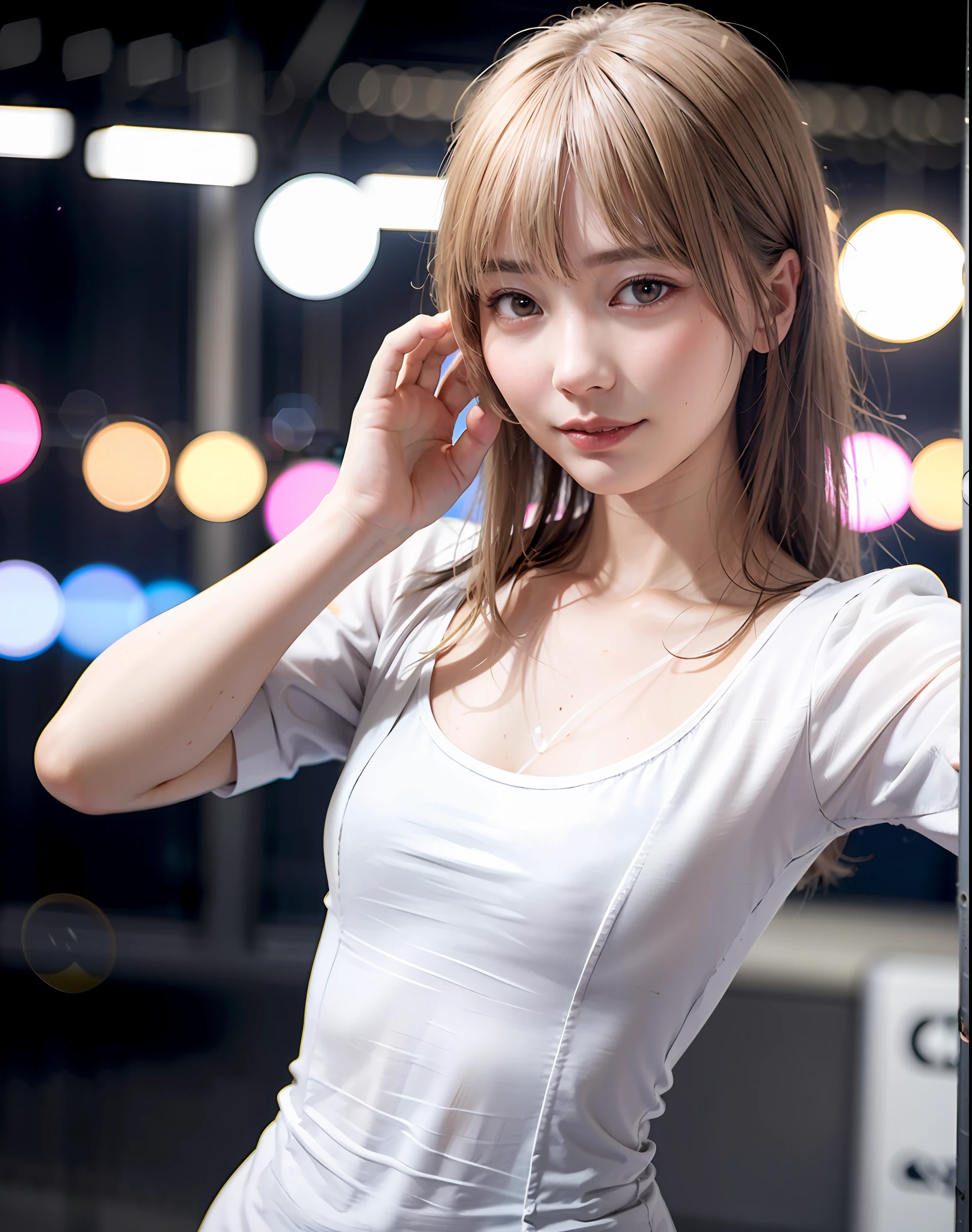 Top Quality, Photorealistic, 8k, High Resolution, Girl, 1 Girl, Woman, (Skin Dent), (Small Breasts), (Professional Lighting, Bokeh), (Street), (People, Crowd: 0.6), Market, (Night: 1.2), (White Hair: 2.0), (Blouse: 1.5), (Portrait: 0.6), Gorgeous, Bloom, (Floating Hair), (Light particles, Lens Flare, Luminous Particles: 0.6), (Dynamic Pose: 1.2), soft lighting,