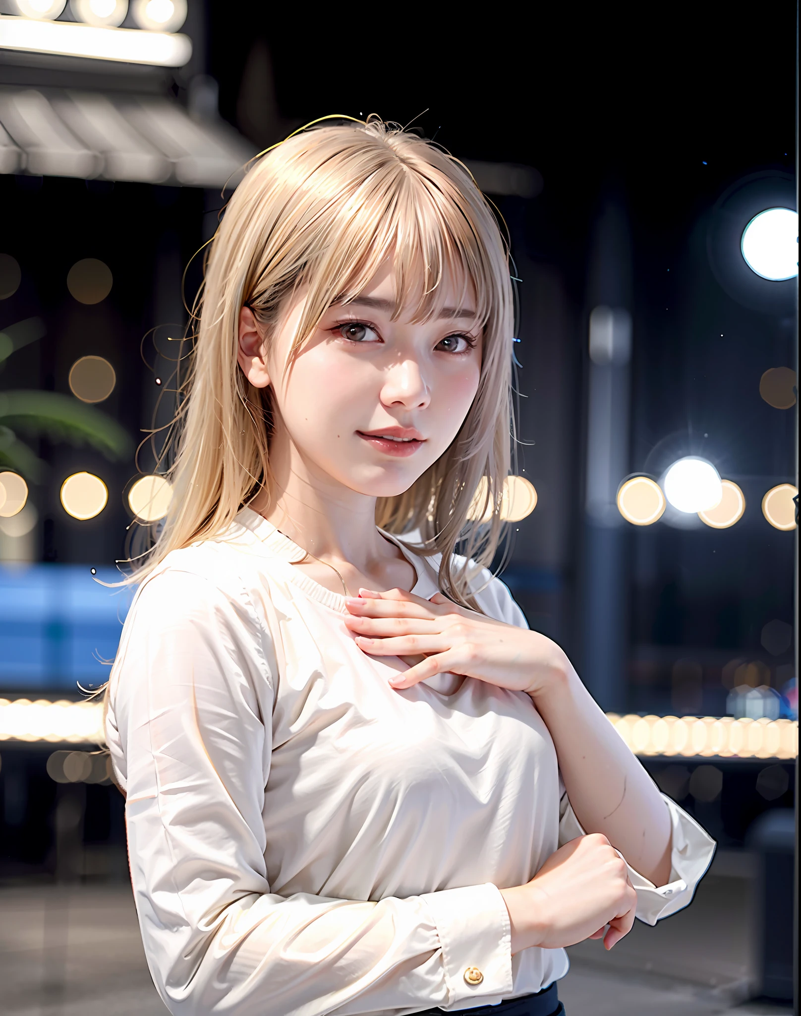 Top Quality, Photorealistic, 8k, High Resolution, Girl, 1 Girl, Woman, (Skin Dent), (Small Breasts), (Professional Lighting, Bokeh), (Street), (People, Crowd: 0.6), Market, (Night: 1.2), (White Hair: 2.0), (Blouse: 1.5), (Portrait: 0.6), Gorgeous, Bloom, (Floating Hair), (Light particles, Lens Flare, Luminous Particles: 0.6), (Dynamic Pose: 1.2), soft lighting,