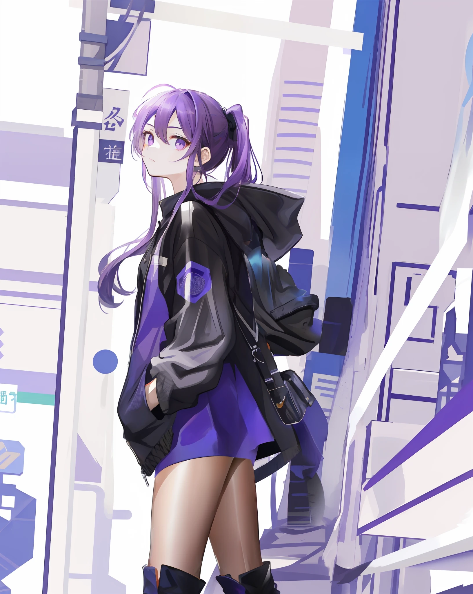 Character design picture, on white background, a girl with purple double ponytail hair and purple eyes wearing a black jacket with blue surround on the front facing the camera and putting her hands in the pocket of the jacket to the audience, the girl also wearing black boots, epic fine character art, stunning characters, beautiful thighs